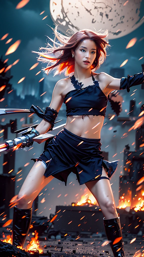 Moisturized skin,Realistic body,(Adult female body),Energetic,(16 years old),(Girl),,Crop top,,Collarbone,Earrings,
BREAK,
Bright red lipstick,(Beautiful navel),(Pink hair),Beautiful hair,Short hair,
BREAK,
((Masterpiece+Top quality+High resolution+Very detailed)), (Full body:1.2),Symmetrical,One shot,
BREAK,
(Wind blowing),(Covered in blue electricity),(Battle stance:1.4),
BREAK,
Assassination,,Fantastic,Dynamism,Very tight leggings,((In the middle of a war, Battle stance),((Fires everywhere, Bloody, Death is everywhere, Corpses, Corpses, Burned down Japanese castle,Hellish,Chaos),