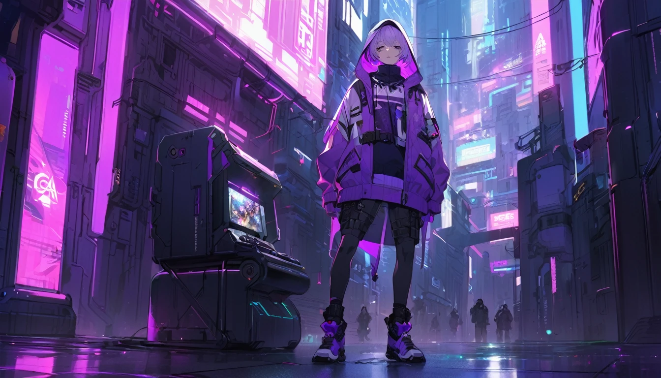 Gaming,Cyberpunk,Young men,Hoodies,blue,White,Purple colorful clothing,Full body image width