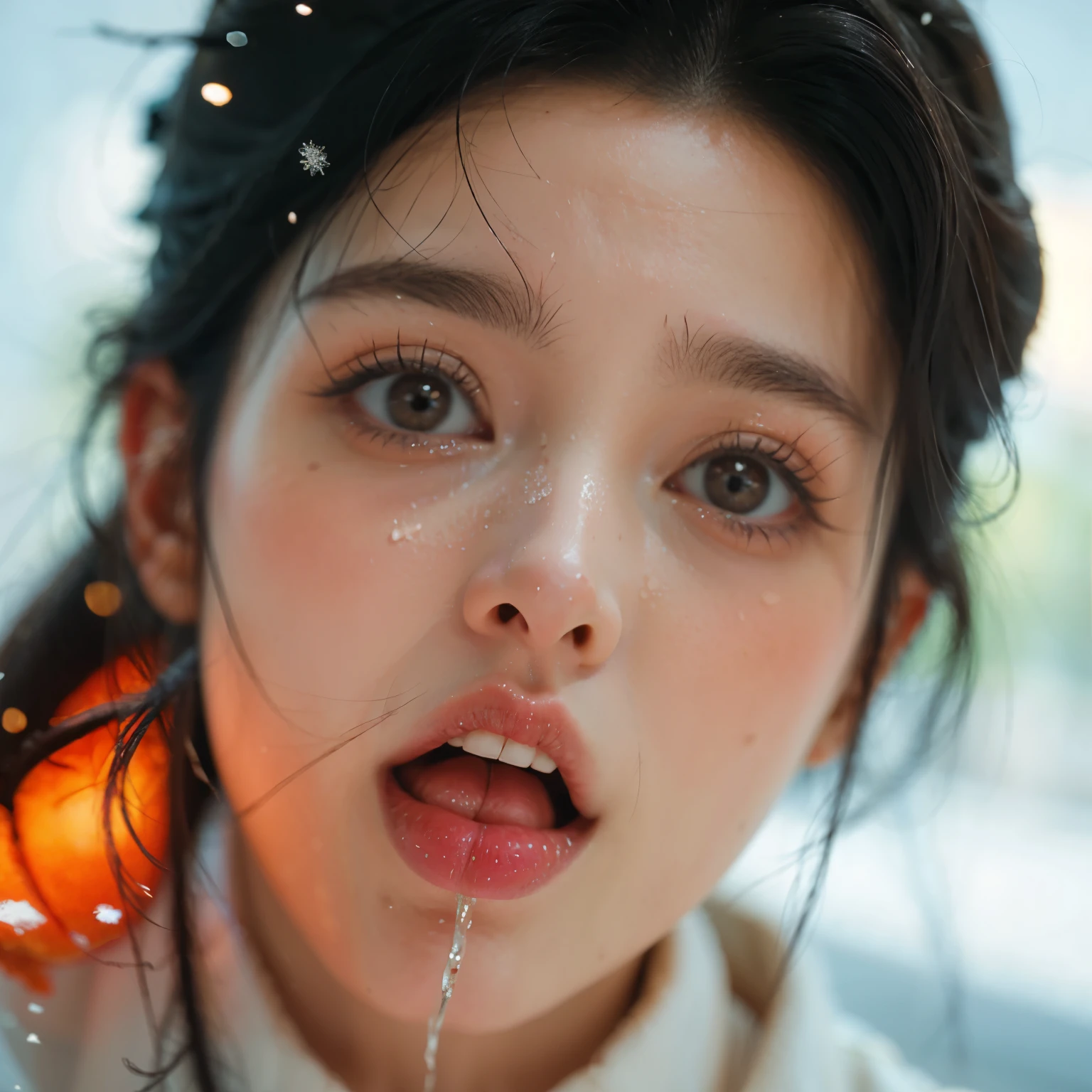 ExtremelyDetailed Kawaii girl Face,(Close-up Sweet lips), glossy lips with beautiful details, Coquettish tongue, Kissing to camera, towards the viewer, 8K TopQuality masterpiece,an extremely delicate and beautiful (ProfessionalPhoto:1.37), {Amazing|finely detail|official art|incredibly absurdres},ultra-detailed close-up shot, close up, (fish eye lens), wide lens, macro lens, Detailed reflective Eyes ElaboratePupils with (sparkling highlights:1.28) (Delicate Voluminous LongEyelashes:0.88), {(Tilted face:1.22)|Visible back of throat|saliva drips|naked shoulder}, (Dripping juice on tongue:1.23) snow particles