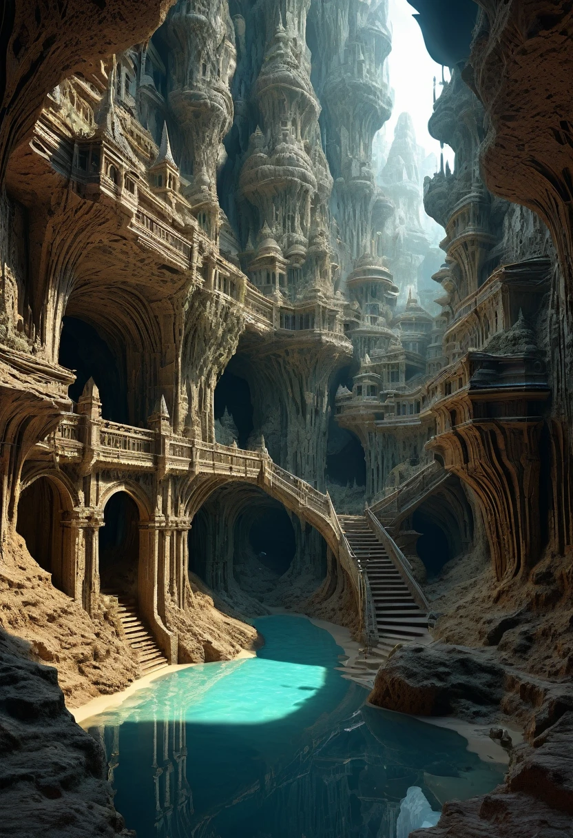 there are many inverted cavities (different rooms, joined by mandelbulb projections that form passages) in the middle of an underground canyon that makes up a mandelbulb mud village at different heights with many balconies and stalactites and stalactites, fantasy architecture, Highly detailed 4k digital art, beautiful detailed fantasy, stunning fantasy landscape, detailed fantasy digital art, arstation and beep highly, fantasy style octane 8k rendering, stuning fantasy 3d rendering, 4k detail fantasy, fantasy 3d rendering, 3D rendering beep, deep masive desert landscape, stalacmite cave laberinto very confuse type geonosis bubbes