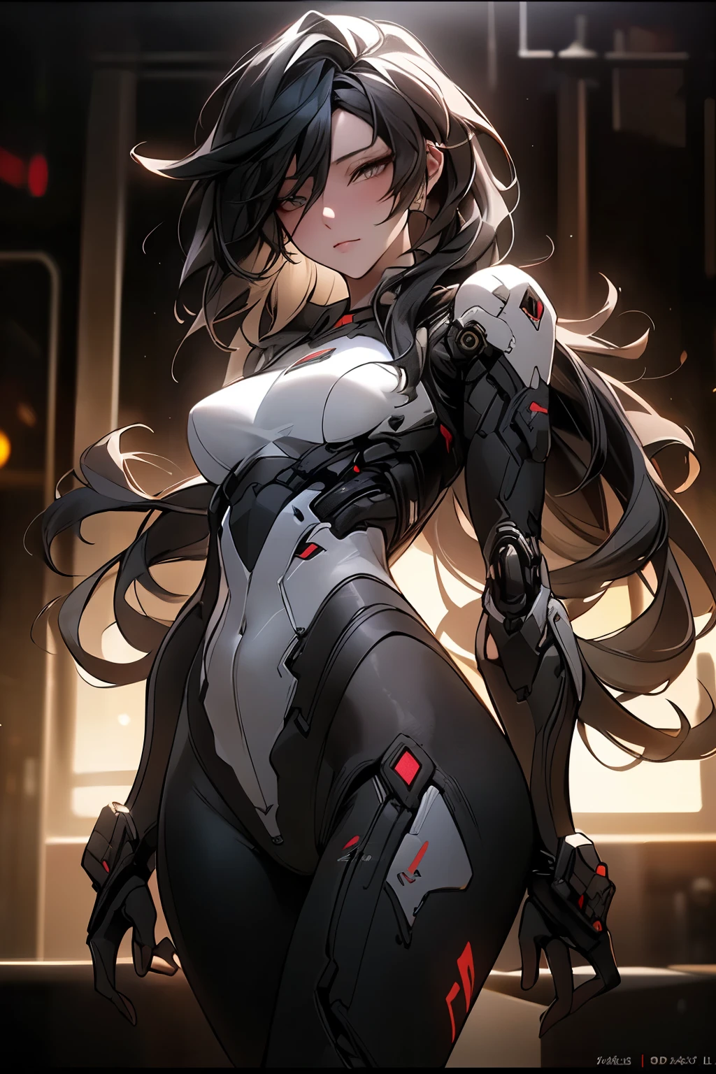 ((best quality)), ((Masterpiece)), (details:1.4), 3d, Image of a beautiful cyberpunk woman., HDR (high dynamic range), mature woman, Long hair, black hair, white eyes, Battle suit, PBR surface, After processing, Anisotropic filtration,depth of field, Maximum clarity and clarity, multi-layered surface, perfect proportions, 8K raw files, cyberpunk, at night, ผมหลายชั้น, กระโปรงสั้น, natural lighting, soft lighting, sunlight, หน้าอกใหญ่, hips up, สมรภูมิ