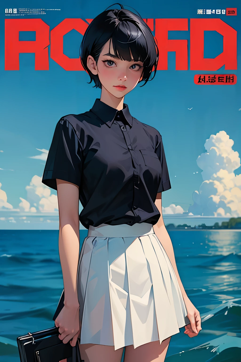 masterpiece,best quality,1 Girl, Black_hair, blue_shirt, cover, cover_Page, Forged_cover, Lips, Magazine_cover, Practical, short_hair, short_sleeve, skirt, Solitary, White_skirt
