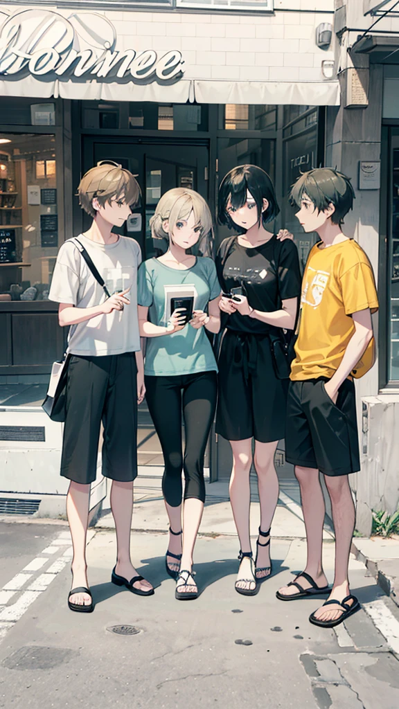 A photo of a group of four people standing in front of the coffee shop building named &#39;THE PEACE COFFEE ROASTERS&#39;, all wearing casual t-shirts and shorts, from left to right.:

1. first man Wear a gray graphic t-shirt. dark shorts Hand holding notebook and telephone Wear black sandals 2. The second woman wore a green T-shirt. black pants beige shoulder bag Wear black sandals 3. The third man wore a blue T-shirt with the word &#39;NAVY&#39; on it and blue shorts. and a light green waist bag Wear black sandals 4. The fourth man wore a yellow T-shirt with the word &#39;Mae Klong&#39; on it and black shorts. and a black waist bag Wear black sandals The background is a white wooden building. Decorated with a variety of trees and plants. The place looks friendly and peaceful.