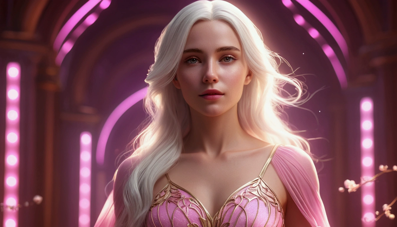 blond woman with white hair and glowing lights in a pink dress, beautiful digital artwork, fantasy gorgeous lighting, gorgeous digital art, stunning digital illustration, digital fantasy art ), 3 d render character art 8 k, a stunning young ethereal figure, 4k highly detailed digital art, ethereal fantasy, very beautiful digital art, beautiful digital art, fantasy digital art, digital fantasy art