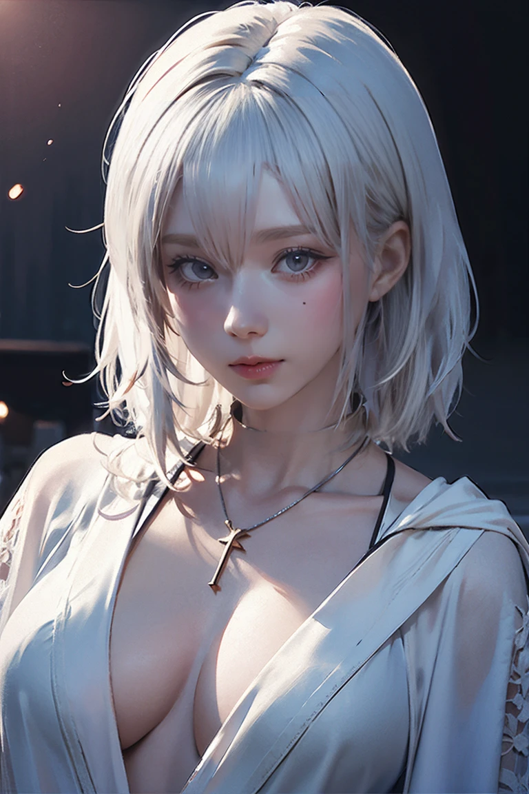 Close-up of a woman with tattoos on her chest, girl, Short white hair with bangs, Black strands of hair, Purple eyes, White T-shirt and white cape, Pendant around the neck. 超High resolution.Photorealistic. 超High resolution.Photorealistic:1.4,超High resolution. Realistic，High resolutionで, masterpiece, Highest quality, Very detailed, Better Shadows, Volumetric lighting), super high quality, High resolution, 8k, 超Realisticな肖像画 , Photorealistic, Dynamic Lighting, Volumetric lighting, Very detailed顔,(NSFW:0.8)