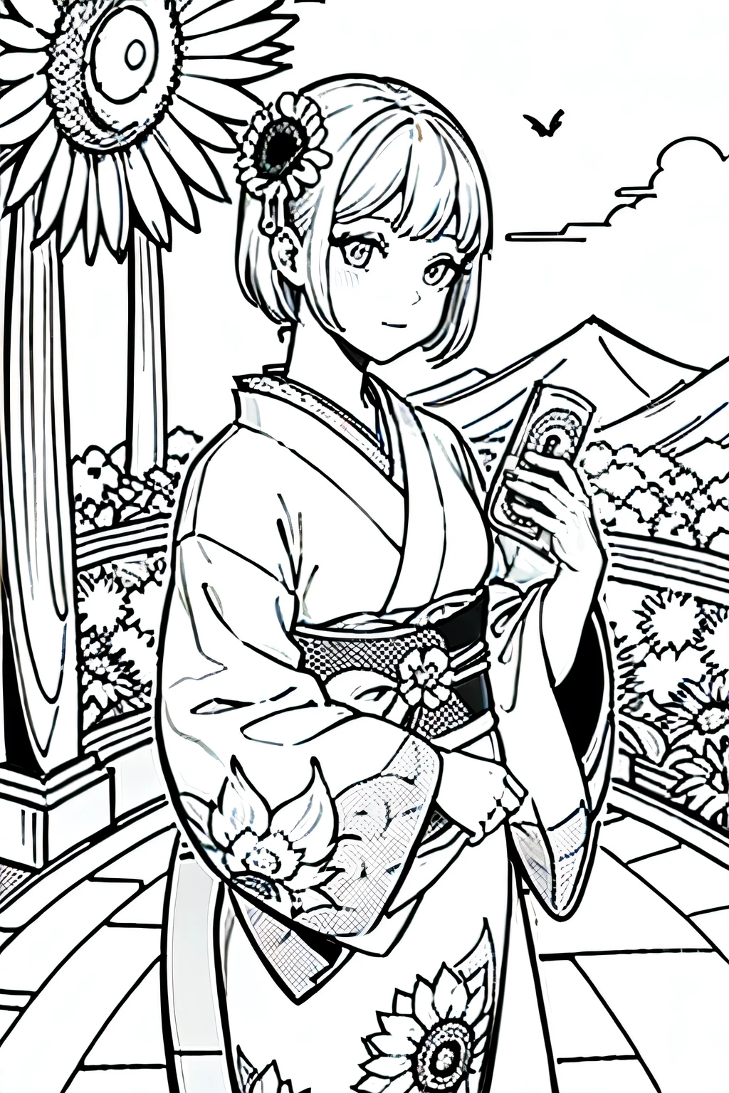 Obra maestra, superlativo,solamente, Dragon cute , flower line drawing background, fondo blanco, monocromo, line drawing, ((bosquejo)), spooky, white eyes, Please create a simple monochrome coloring book that even a can do, depicting a realistic and cute ukiyo-e illustration of a girl in a kimono, in various poses, with a Japanese garden in the background, that conveys Japanese culture.Sunflower fairy, sunflower yukata, short hair.