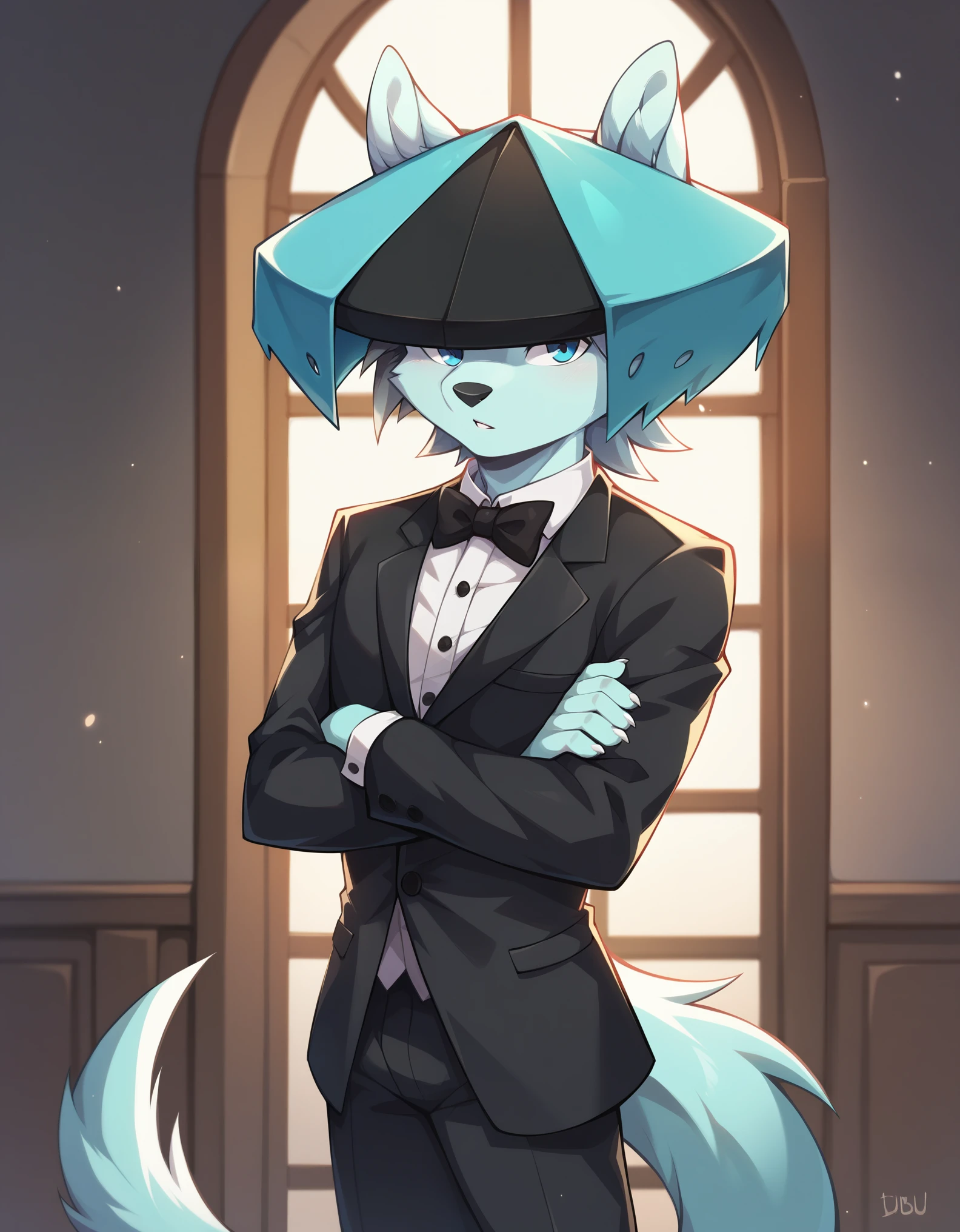 score_9, score_8_up, score_7_up, score_6_up, (du57aet, anthro, tail), ((male focus, 1boy, solo)), male, blue eyes, tuxedo, arms crossed, indoors, hat over eyes, hat, 