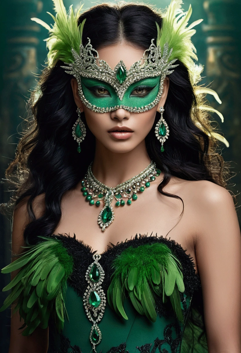 A captivating, fashion fantasy portrait depicts a woman with porcelain skin and striking features. Her long, wavy black hair falls down her back, framing her face, which is adorned with a stunning green mask. The mask is adorned with clear litmus stones and green feathers, illuminating her intense, serious gaze. The model wears a green feathered dress to match the mask, and matching litmus stone jewelry, including earrings and a necklace. The dark, blurry background highlights the model’s intricate costume and accessories, creating a mesmerizing, conceptual work of art that merges fantasy and fashion., conceptual art, illustration, 3d render, poster, photo, anime, fashion
