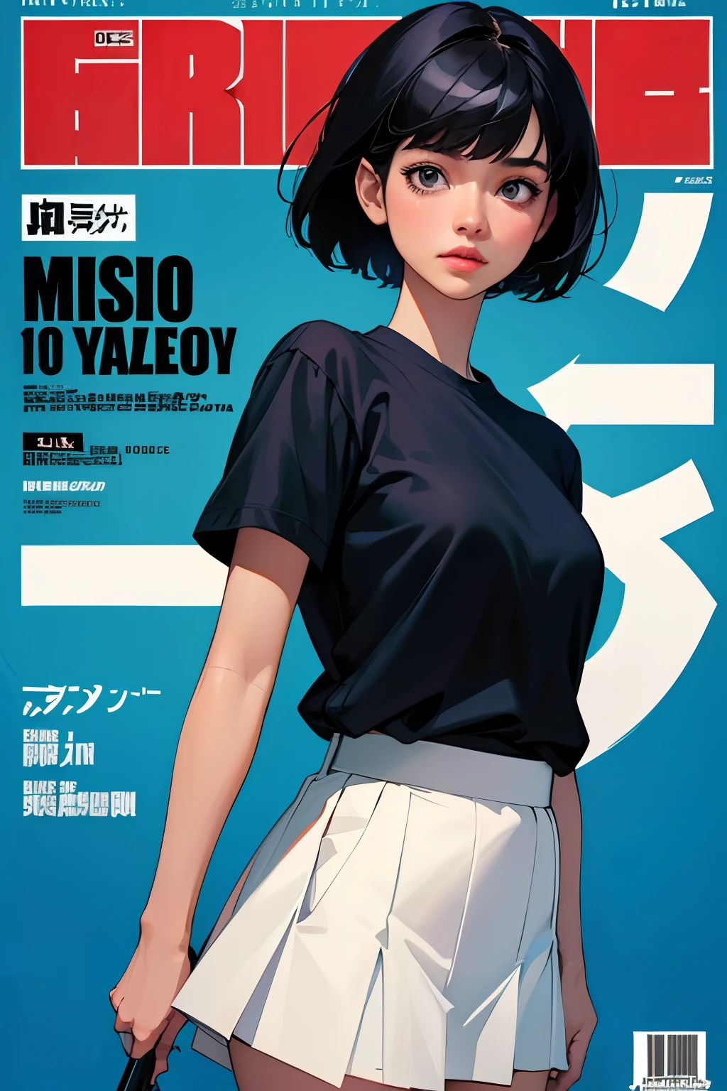 masterpiece,best quality,1 Girl, Black_hair, blue_shirt, cover, cover_Page, Forged_cover, Lips, Magazine_cover, Practical, short_hair, short_sleeve, skirt, Solitary, White_skirt