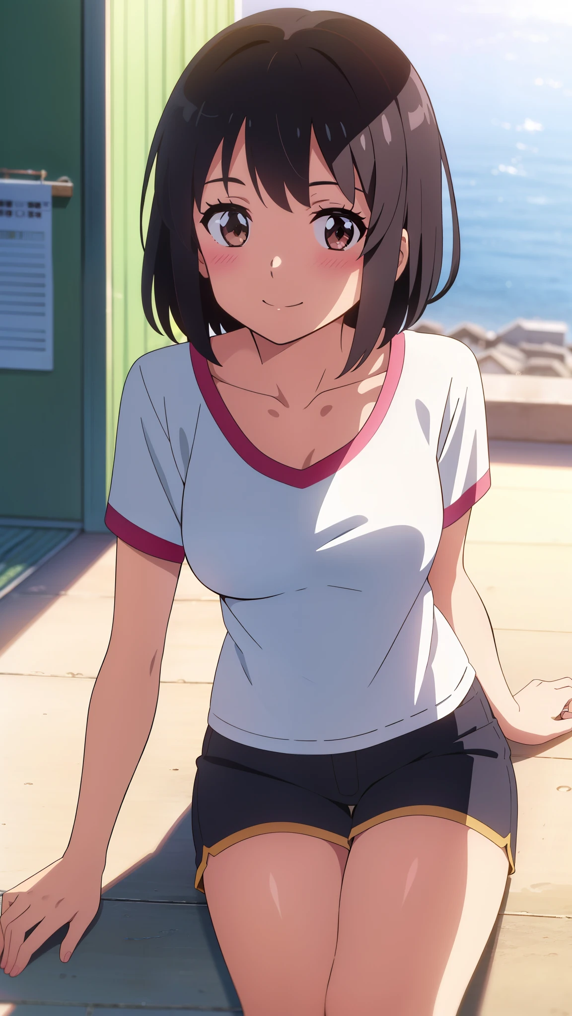 shinkai makoto, kimi no na wa., 1girl, bangs, black hair, blush, brown eyes, looking at the viewer, cowboy shot, T-shirt, medium breasts, shorts, short hair, solo, shinny skin, smile, cute, residential area, sitting on the ground, (masterpiece), best quality