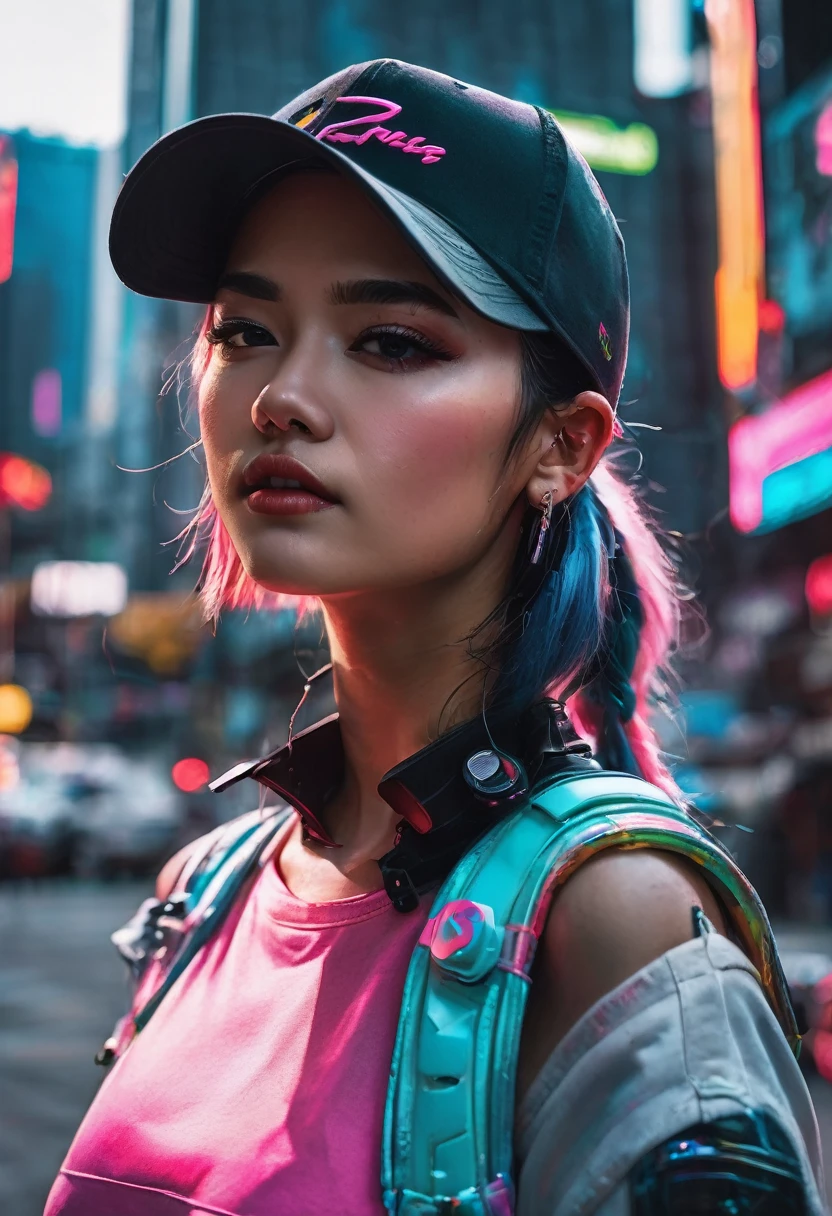 Araffe woman wearing baseball cap and shorts posing for a photo, cyberpunk art by Russell Dongjun Lu, trending on society, Street art, cyberpunk streetwear, 🌺 society, cyberpunk 2 0 years. o model girl, in the cyberpunk city, It has cyberpunk style, [ trending on society ]!!, cyberpunk beautiful girl, cyberpunk atmosphere, cyberpunk girl