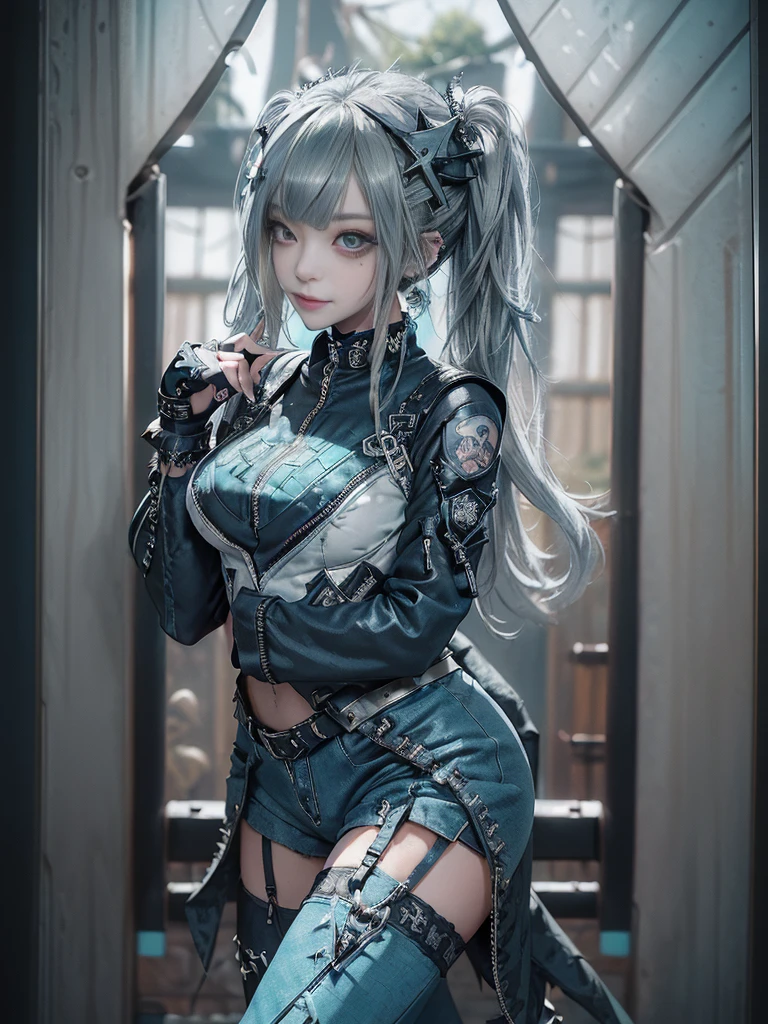 (Full Body View:1.3)、(Side view:1.1)、(Smiling with teeth showing:1.3),(Shibuya Gal:1.5)、(Maid café clerk:1.5)、(Punk RockVisual Kei:1.4)、(Turquoise, navy and denim medieval noble zip up:1.5)、(Navy and white arm covers and bugle pants:1.5)、(Blue high heels:1.3)、(Wearing silver accessories:1.5)、(Dark brown collar:1.4)、(Leather garter belt:1.4)、(Brown Skin Belt:1.3)、(Black lace underwear:1.5)、20-year-old、NSFW、((Highest quality、In 8K、masterpiece:1.3))、Sharp focus:1.2、(Layered Cut、Huge boobs:1.1),Beautiful woman with perfect figure:1.4、(Doing an aerobics pose:1.3)、Slender Abs:1.2、Highly detailed face and skin texture、Detailed eyes、double eyelid,(Twin tails:1.3)、(Dark silver hair:1.3)、Gravure idol、(A fairytale-like cafe with a lush tree background:1.3)、(Slim Body:1.3),(Make your legs thinner:1.4),(Thin, thin thighs:1.3)、(clavicle:1.1)