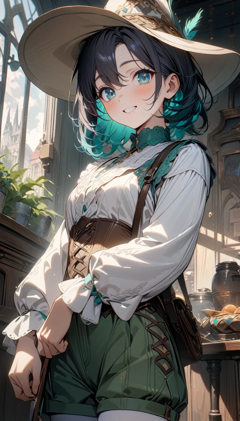 young boy, dark turquoise hair, turquoise eyes, smile, bard hat, bard, white Victorian shirt, turquoise collar, brown corset, green shorts, white tights, long lush sleeves, Masterpiece, best quality, Full HD, 8k, ultra details, great graphic