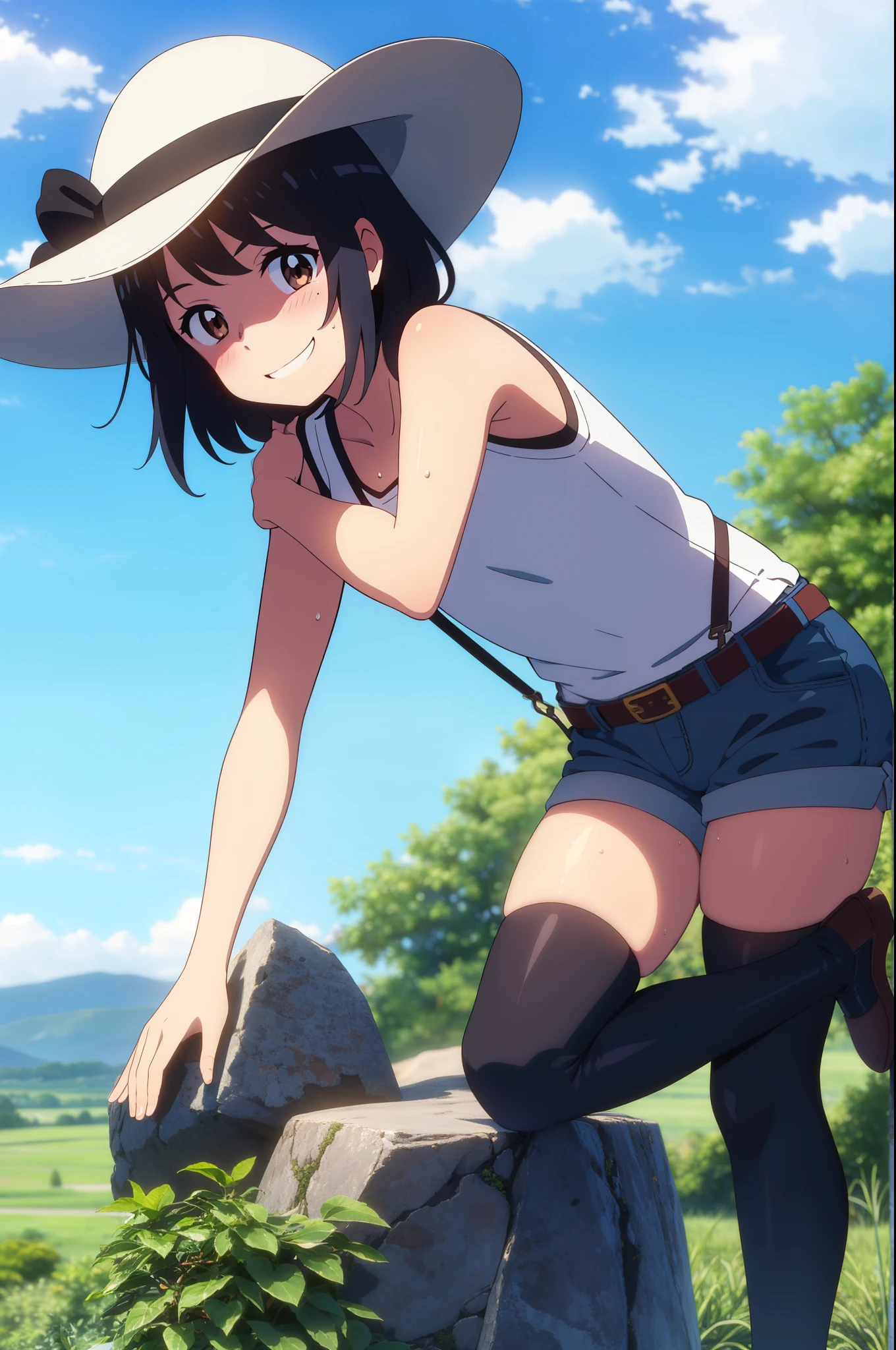 shinkai makoto, kimi no na wa., 1girl, bangs, black hair, blush, brown eyes, perfect face, looking at the viewer, bonnie hat, black suspenders, white t-shirt, bare shoulders, garterbelt, sight, blue shorts, belt, short hair, solo, shinny skin, smile, cute, grin, black thighhighs, cloudy, blue sky, mountains, rocks, sitting, sweat, full body, (masterpiece), best quality