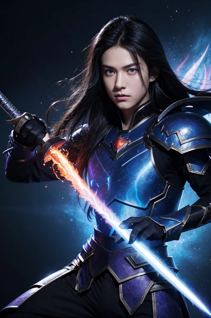 
1 teenager, Handsome, black hair, Pretty Face, blue eyes, Flame sword in hand, blue, purple, Dragon Cosmic Armor, The flaming cosmic energy released by the sword, Black void background, 4k art, wallpaper, Ultra-high detail, Highly detailed face and body, Facing the camera