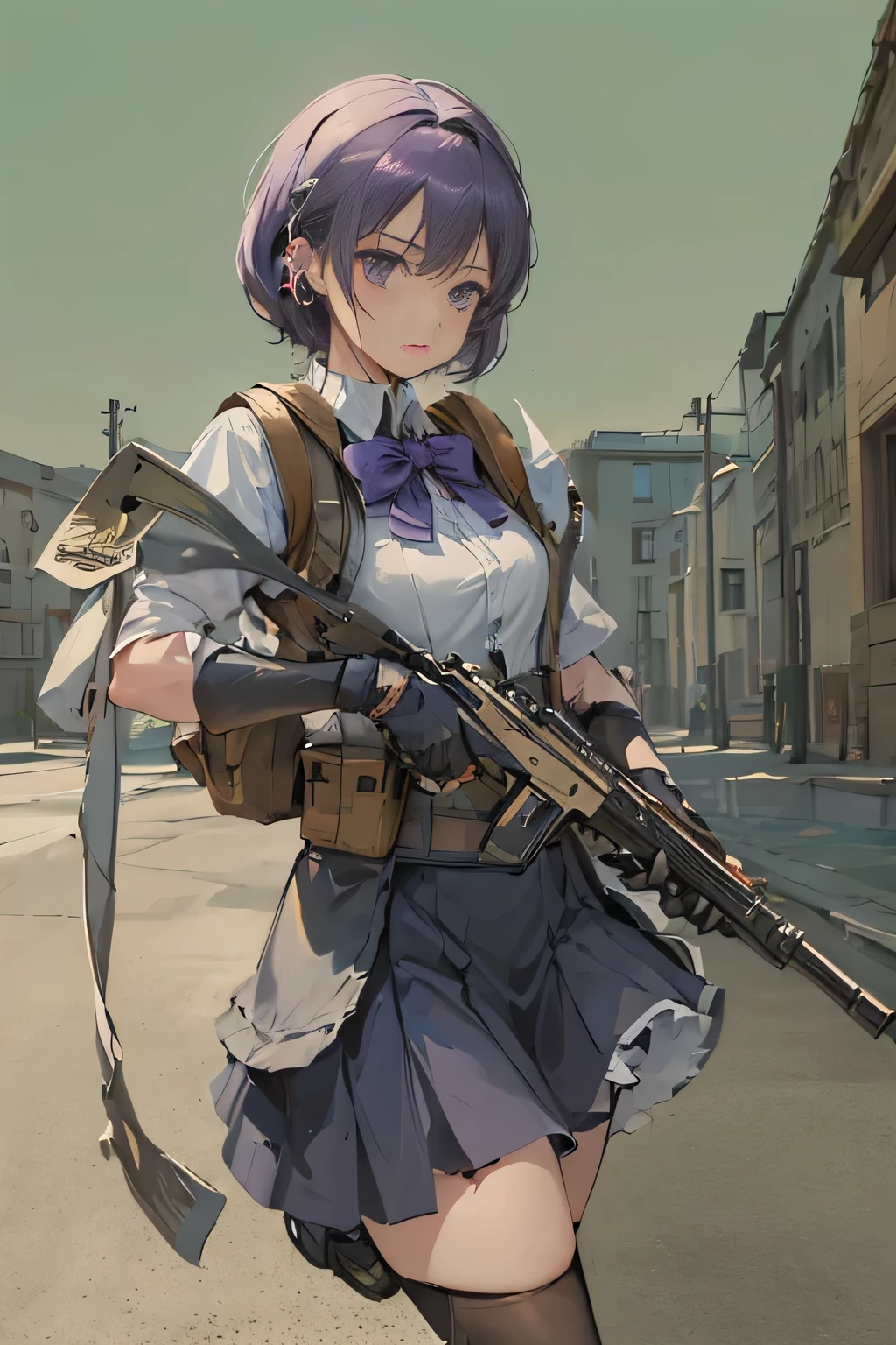 Church Darrell, 1 Girl, Solitary, short hair, skirt, shirt, Gloves, White background, bow, Keep, , Purple Eyes, white shirt, arms, Purple Hair, pleated skirt, shoe, black Gloves, sock, bowtie, Keep arms, gun, Sports shoes, Keep gun, 手链, Rifle, grey skirt, earphone, assault Rifle, grey Gloves, Load-bearing vest