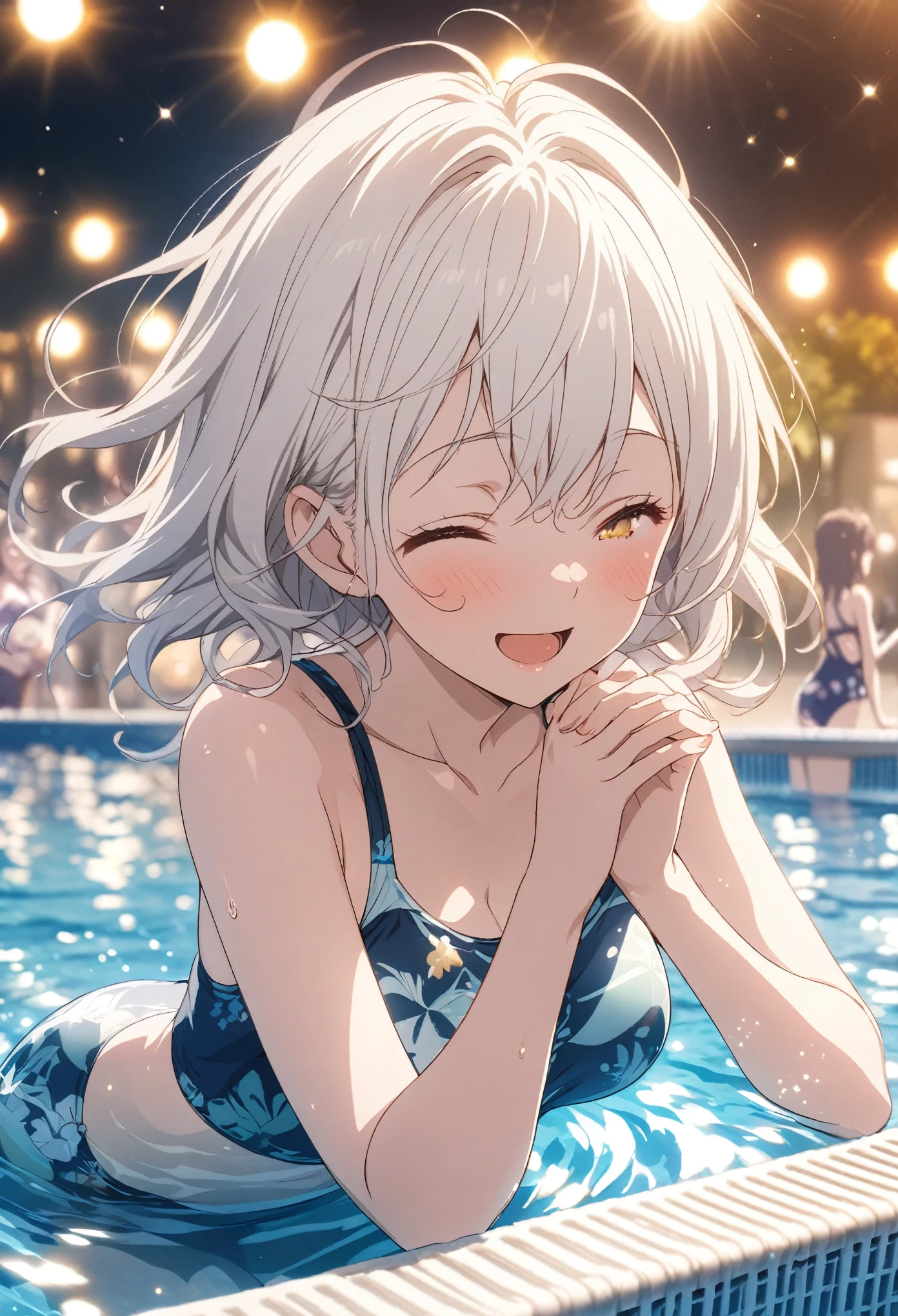 Two Girls, masterpiece, Highest quality, Highly detailed CG Unity 8k wallpaper, High School Girl Anime Illustration. Please wear a cute swimsuit., Raise your hands in a joyful pose, She closes her eyes and opens her mouth wide, smile. white hair color, Yellow Eyes, Bokeh, Spotlight Light, The background is a large outdoor swimming pool with sunlight streaming in., Bokeh photo, (Soft Focus): 1.2, Out of focus highlights, Dreamy atmosphere, Fascinating Depth