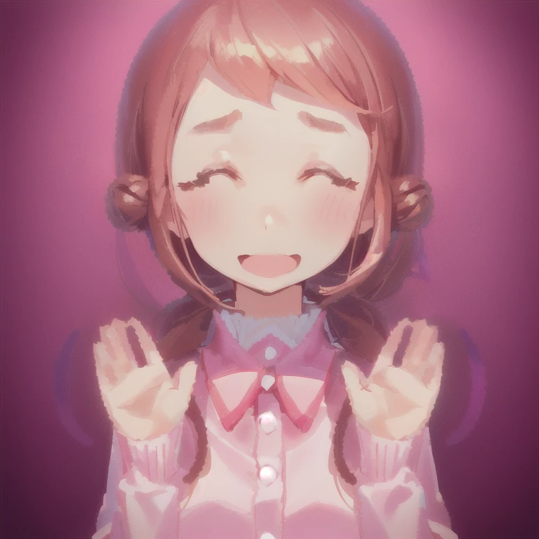 a cartoon girl with a pink shirt and white collared shirt clapping, Pause(Raise the hand + Happy), ;Open your mouth, ( waitress ) girl, Warm and friendly expression, shikamimi, ( Closing your eyes and smiling shyly ), Chiho, wave hands, figure], lofi girl, Close up of intense gesture style, various Pause, wave hands hands, Cute Woman