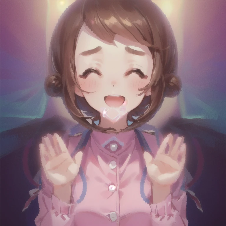 a cartoon girl with a pink shirt and white collared shirt clapping, Pause(Raise the hand + Happy), ;Open your mouth, ( waitress ) girl, Warm and friendly expression, shikamimi, ( Closing your eyes and smiling shyly ), Chiho, wave hands, figure], lofi girl, Close up of intense gesture style, various Pause, wave hands hands, Cute Woman