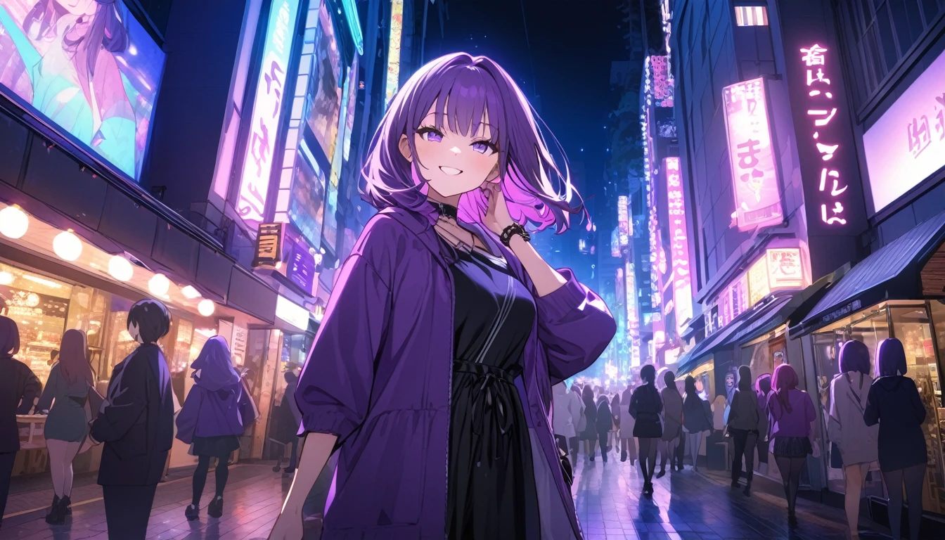 Highest quality,Purple haired woman１people,Smile,Purple hoodie,Black dress,Shibuya at night,neon