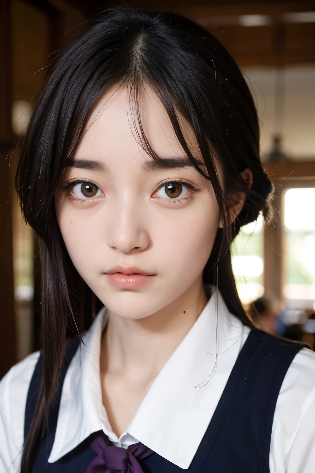 ((masterpiece)), ((best quality)), ((ultra-detailed)),((hyperrealistic)),(japanese cute girl),(shiny skin),1girl,(forehead),black hair,long hair,(black big eyes,tareme,droopy eyes),(small breasts),15 years old,dynamic angle,(((blush,in heat))), cheeks,neat and clean,(sailor uniform ,serafuku,school uniform),arms behind back,school,class room,

