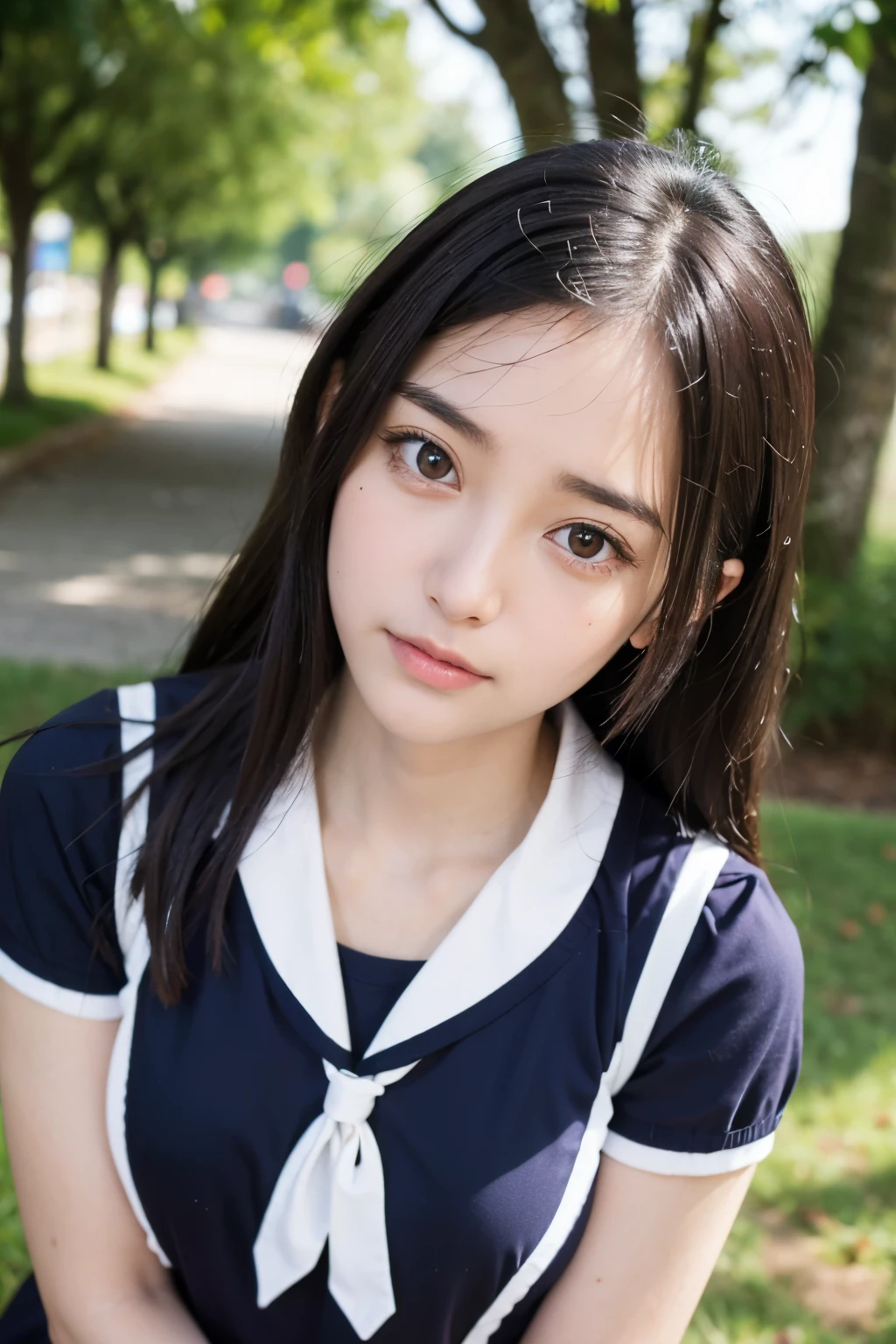 ((masterpiece)), ((best quality)), ((ultra-detailed)),((hyperrealistic)),(japanese cute girl),(shiny skin),1girl,(forehead),black hair,long hair,(black big eyes,tareme,droopy eyes),(small breasts),15 years old,dynamic angle,(((blush,in heat))), cheeks,neat and clean,(sailor uniform ,serafuku,school uniform),arms behind back,school,class room,