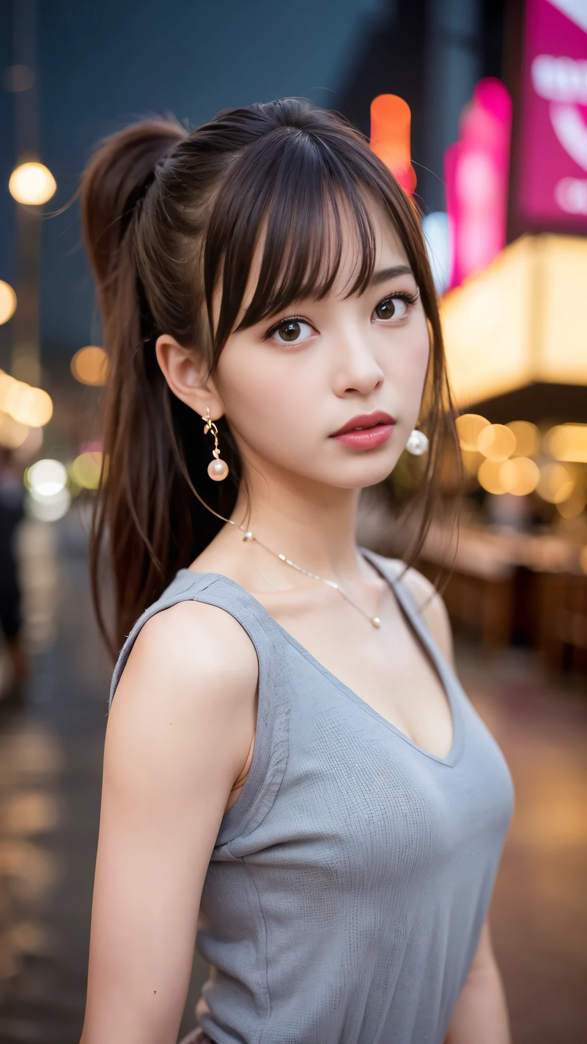 From the side, hip up,((Adilynn)), sideways pose, random posture, night time, (An extremely delicate and beautiful work), (masterpiece), 1 girl, streetwear, very detailed, twisted ponytail, attractive expression, beautiful and clear eyes, blue eye pupil, delicate pearl necklace, delicate earrings, simple blurred background, extreme details, beautiful, attractive, Ultra-fine painting, delicate face, delicate figure, thin clavicle, nice lips, soft back, mix 4,(8k, RAW photo, highest quality, masterpiece:1.2), (realistic, photo-realistic:1.37),1 girl,cute,cityscape, night, rain, Wet, professional lighting, photon mapping, radio city, Physically based rendering, above the waist,