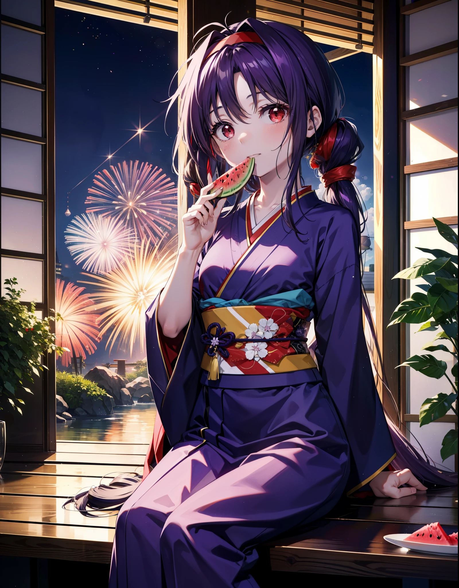 yuukikonno, Yuuki Konno, hair band, Long Hair, Pointed Ears, Purple Hair, (Red eyes:1.5), (Small breasts:1.2),low twin tail,smile,Open your mouth,Purple Kimono,Purple long skirt,Fireworks in the night sky,Fireworks,The place is a fireworks display,Time is night,sunny day,Sitting on a bench,He is eating a triangular piece of red watermelon, holding it in both hands.,Wind Chimes,whole bodyがイラストに入るよう,
break looking at viewer, , whole body, (Cowboy Shot:1. 5)
break indoors, Veranda,Japanese garden,
break (masterpiece:1.2), Highest quality, High resolution, unity 8k wallpaper, (figure:0.8), (Beautiful attention to detail:1.6), Highly detailed face, Perfect lighting, Highly detailed CG, (Perfect hands, Perfect Anatomy),