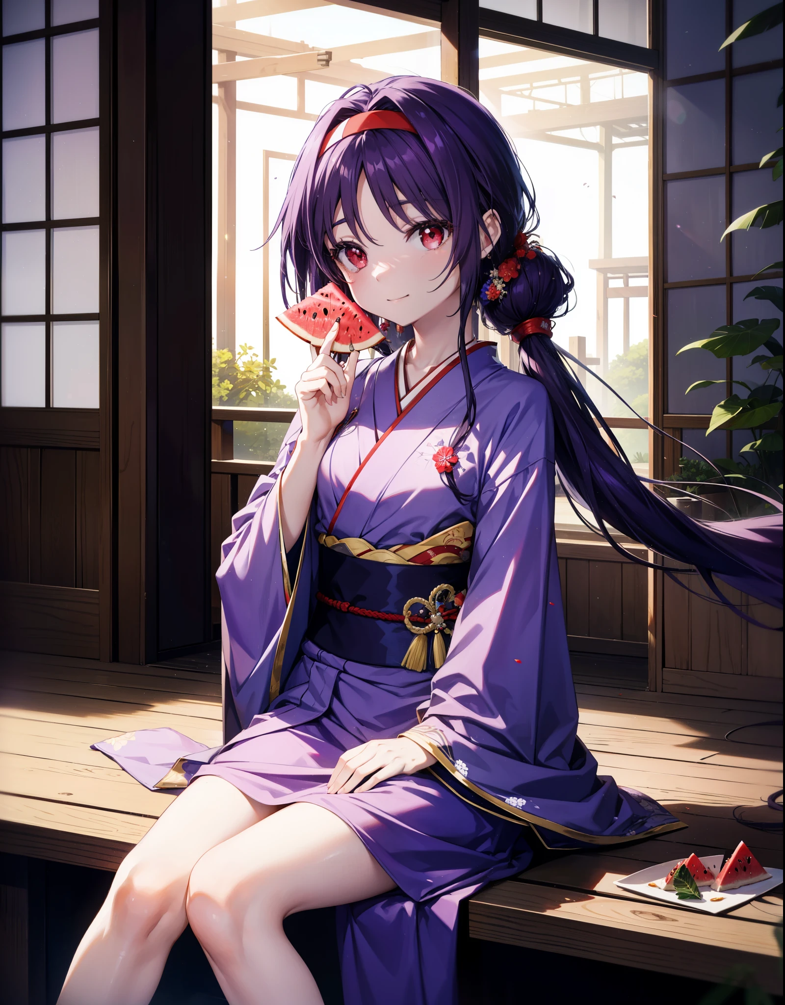 yuukikonno, Yuuki Konno, hair band, Long Hair, Pointed Ears, Purple Hair, (Red eyes:1.5), (Small breasts:1.2),low twin tail,smile,Open your mouth,Purple Kimono,Purple long skirt,Fireworks in the night sky,Fireworks,The place is a fireworks display,Time is night,sunny day,Sitting on a bench,He is eating a triangular piece of red watermelon, holding it in both hands.,Wind Chimes,whole bodyがイラストに入るよう,
break looking at viewer, , whole body, (Cowboy Shot:1. 5)
break indoors, Veranda,Japanese garden,
break (masterpiece:1.2), Highest quality, High resolution, unity 8k wallpaper, (figure:0.8), (Beautiful attention to detail:1.6), Highly detailed face, Perfect lighting, Highly detailed CG, (Perfect hands, Perfect Anatomy),