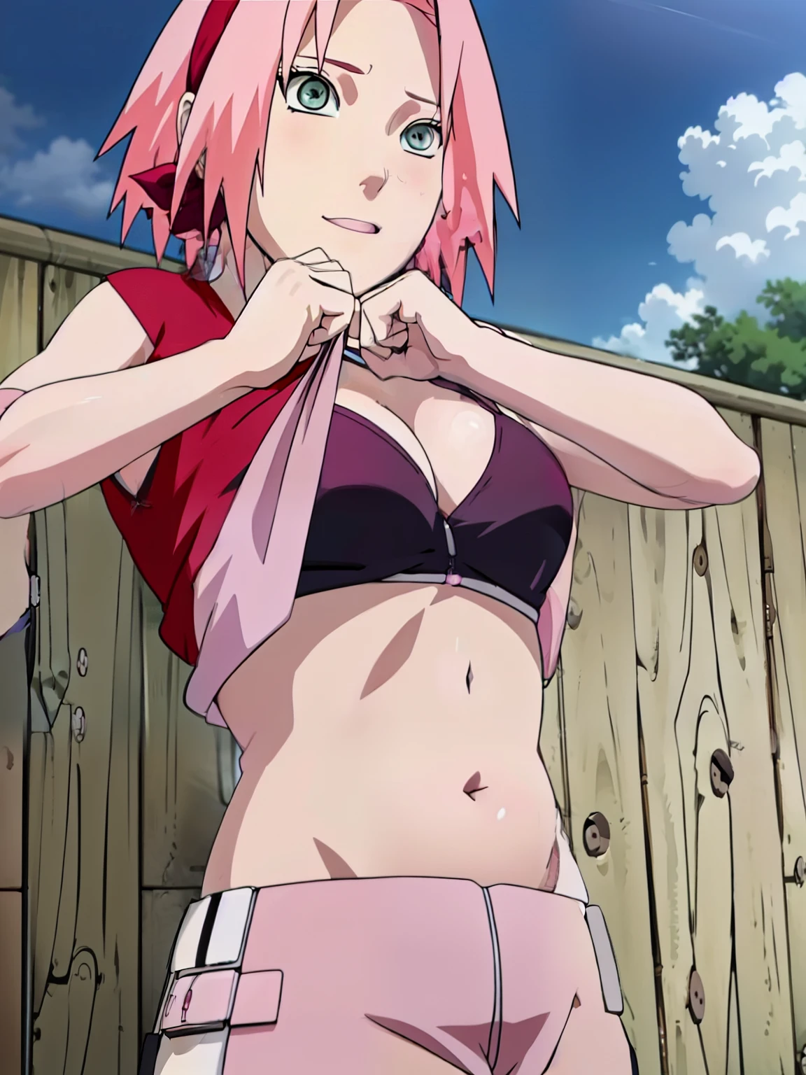 sakura haruno,(((showing your belly by lifting your blouse))),((visible belly))),sexly,(((((wearing bra