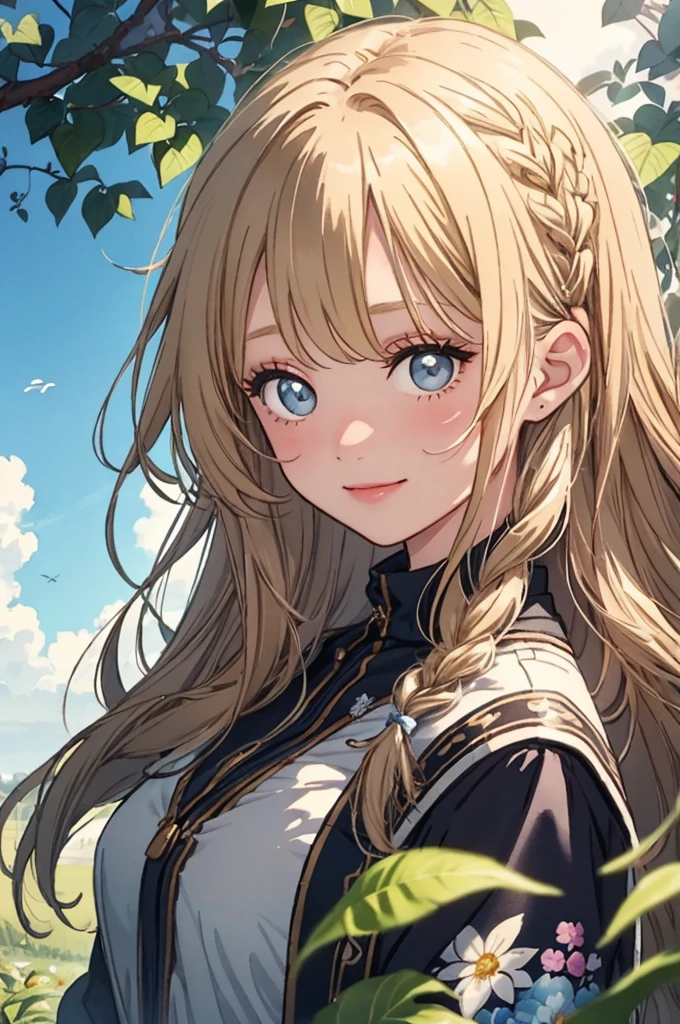 (masterpiece、Highest quality、Highest quality、Beautiful and beautiful:1.2)、（Watercolor 1.5）、Low - Angle、Tilt Up、Wide blue sky、Drawing of a girl with braided hair、Round beautiful eyes、Beautiful smile、French Casual、Beige shades、A  starting to walk、pure、Charm、Fantasy、purple、dark blue、Sky blue、wheat、Curious Gaze、Bright colors、Botanical Art、Warm Light