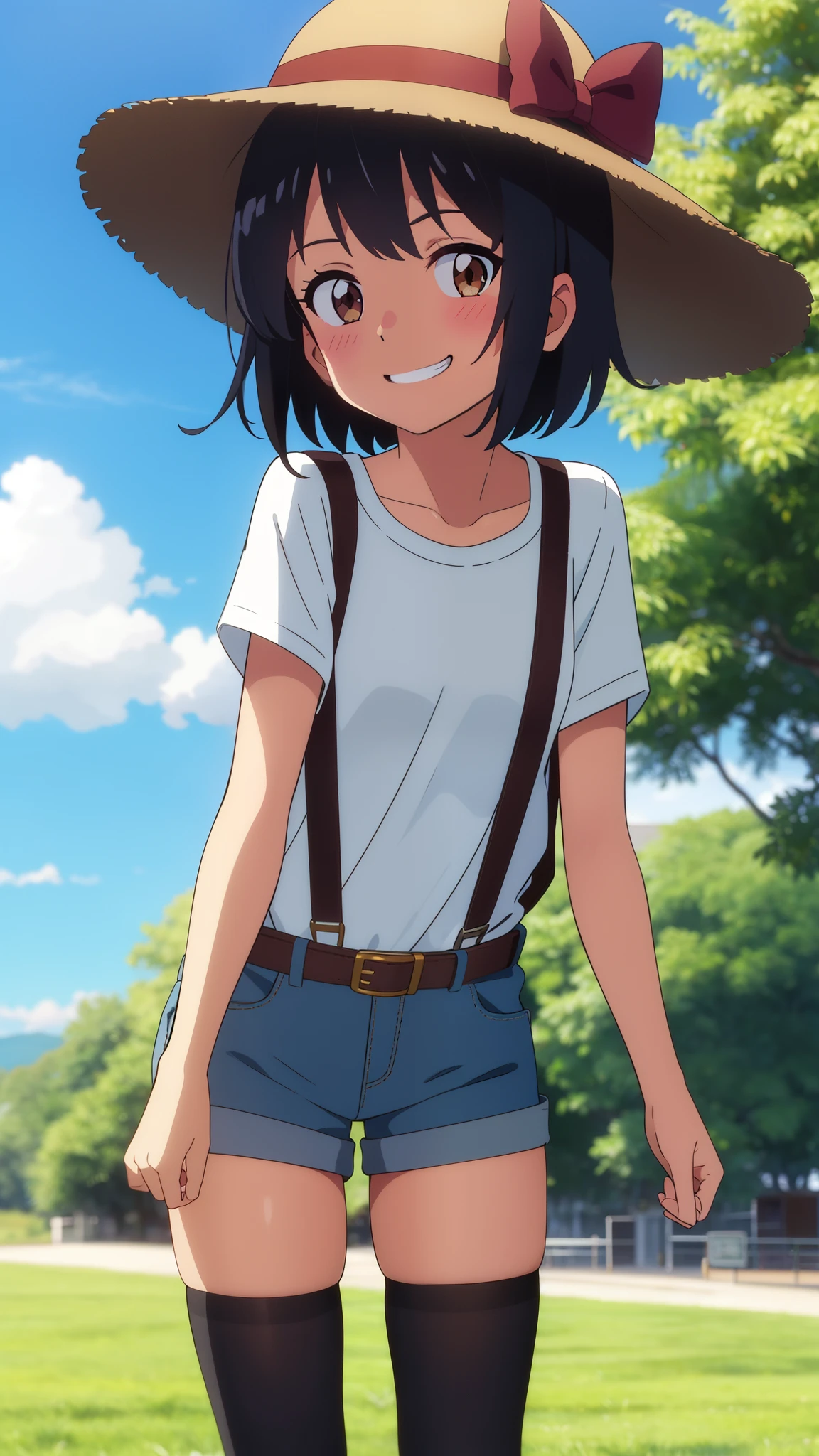 shinkai makoto, kimi no na wa., 1girl, bangs, black hair, blush, brown eyes, perfect face, looking at the viewer, bonnie hat, black suspenders, white t-shirt, bare shoulders, garterbelt, sight, blue shorts, belt, short hair, solo, shinny skin, smile, cute, grin, black thighhighs, blue sky background, sweat, (masterpiece), best quality