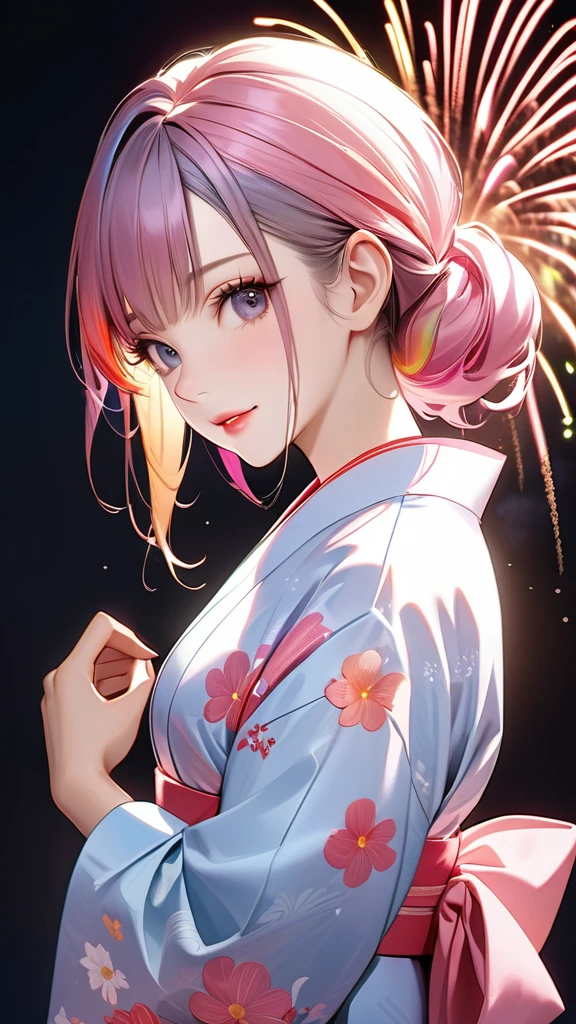 A beautiful and divine woman wearing a clean and refreshing white and pink yukata.々A beautiful woman.々Beautiful Goddess, Rainbow Hair,Medium long hairstyle,Beautiful attention to detail, Beautiful lip detail, Highly detailed face, Long eyelashes, Friendly and polite expressions, red, Round crystals in both hands, The perfect uniform, High quality lighting, Realistic, 8k, Highest quality, masterpiece, Professional, Studio Lighting,The background is a fireworks display,Fully facing backwards