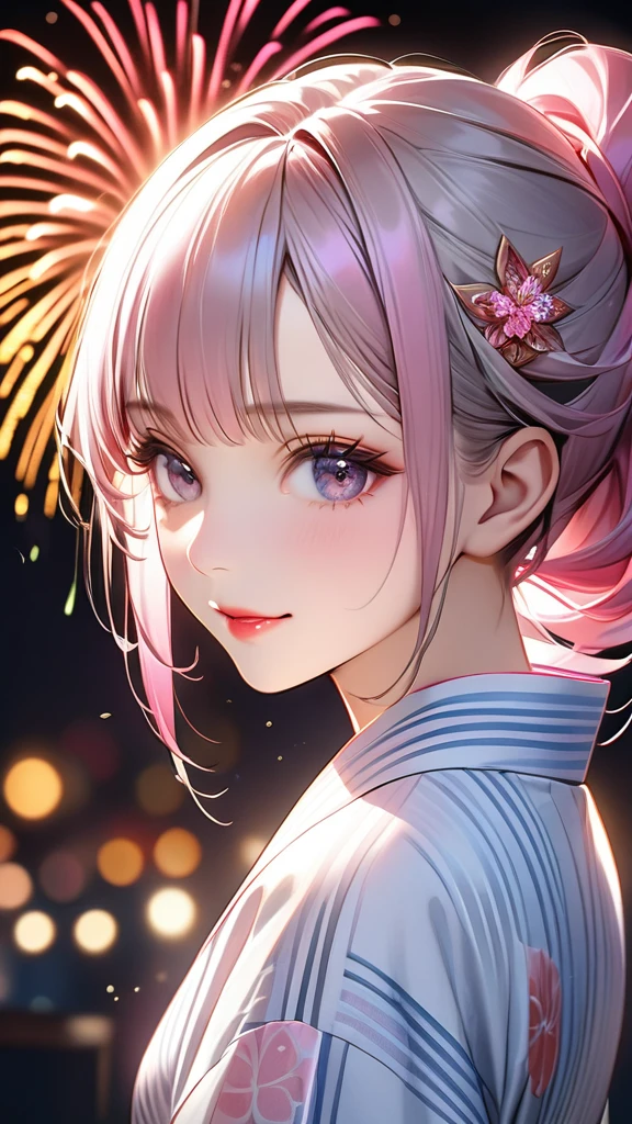 A beautiful and divine woman wearing a clean and refreshing white and pink yukata.々A beautiful woman.々Beautiful Goddess, Rainbow Hair,Medium long hairstyle,Beautiful attention to detail, Beautiful lip detail, Highly detailed face, Long eyelashes, Friendly and polite expressions, red, Round crystals in both hands, The perfect uniform, High quality lighting, Realistic, 8k, Highest quality, masterpiece, Professional, Studio Lighting,The background is a fireworks display,Fully facing backwards