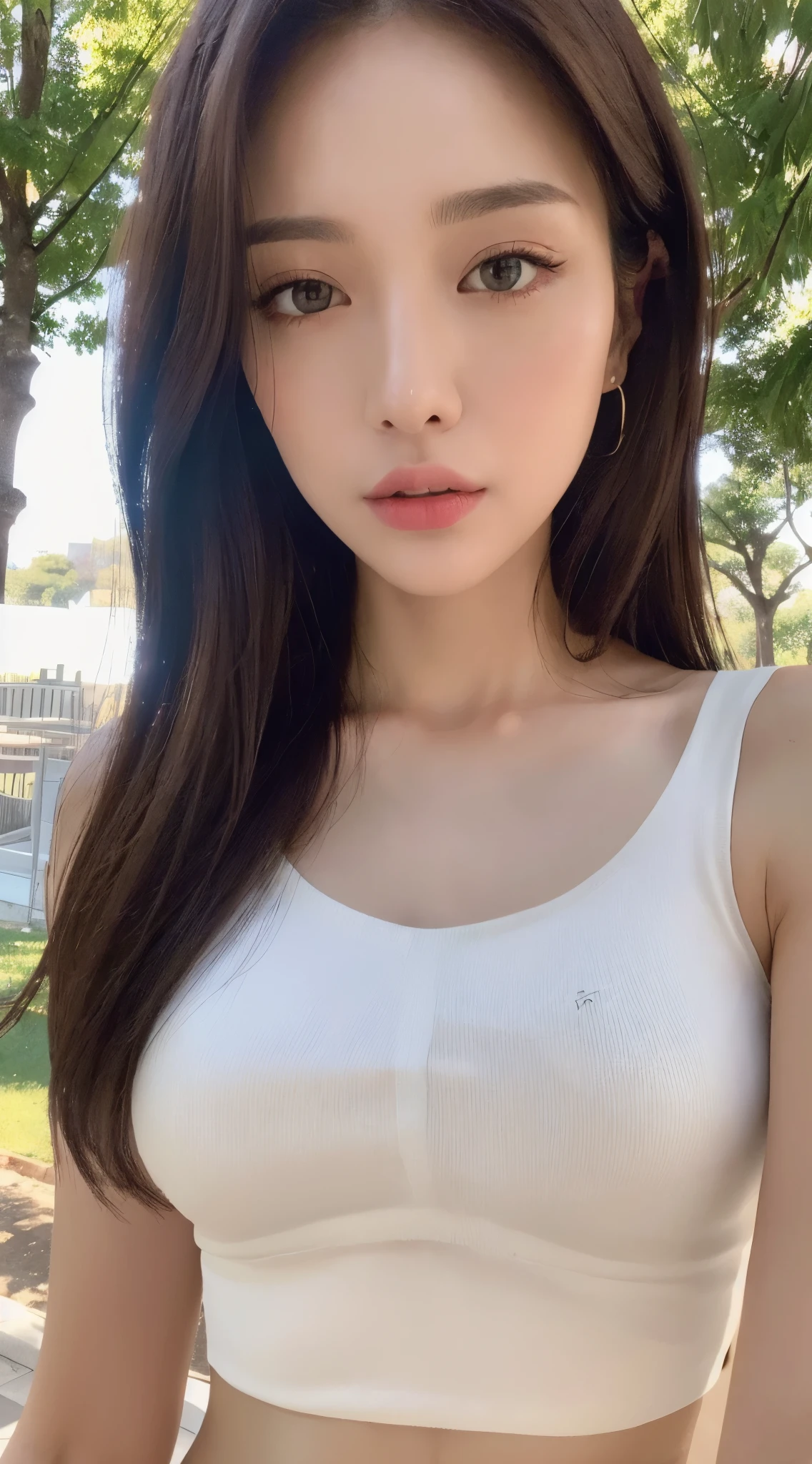 ((Realistic lighting, Best quality, 8K, Masterpiece: 1.3)), Clear focus: 1.2, 1girl, Perfect beauty: 1.4, Slim abs: 1.1, ((Dark brown hair)), (White crop top: 1.4), (Outdoor, Night: 1.1), Park view, Super fine face, Fine eyes, Double eyelids,