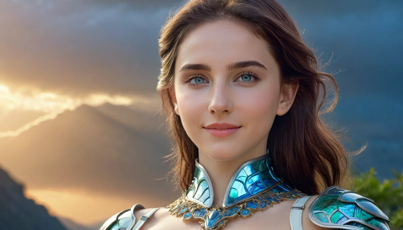 (best quality,4k,8k,highres,masterpiece:1.2),ultra-detailed,(realistic,photorealistic,photo-realistic:1.37),Official art, (1 beautiful age Italian girl:1.1), (wearing detailed white bodyarmor with beautiful fractal or marble design:1.3), (seductive smile:1.1), (captivating smile1.2), ((High quality)), ((Detailed)), ((Fantasy)), Blue Plasma Brain, Green Plasma Body, Vulgarity, beutiful breast, obscenity, (Lewd smile:1.2), coarse, Obscene, mean, (raunchy:1.2), (Immoral:1.2), Lachish, (small breasts with beautiful raised areolas:1.3), (Cameltoe), (Expression of ecstasy:1.2), (Incredibly beautiful nature background:1.6), (18 years old:1.5), (Sexy and glamorous:1.1), (A coquettish expression:1.1), (seductively smiling:1.1), (Full body), (erotic posing:1.5), (showing her armpit:1.4), Beautiful seductive face, Portrait, (Thick eyebrows:0.7), (detailed large iridescent eyes:1.4), Beautiful eyes with fine symmetry, Intimate face, (ultra detailed skin texture:1.1), pale skin, Perfect Anatomy, (Beautiful toned body:1.1), Hair Bow, (Moist skin:1.2), no makeup, dark circles, Focus Face, good-looking, (Emilia Clark:0.6) (Emma watson:0.3),(Jennifer Connelly:0.4), (sensual face:1.3), Elegant face, Dolce, (Around her neck is a simple necklace of exquisite workmanship), (Bioluminescence with brilliant brilliance:1.3), (Luminous magic circle:1.2), Shining majestic cloud masses and sky, lightning bolt, Epic Realistic, (Greg Rutkowski:0.2), (teal and orange:0.4), (Art Station:1.5), Cinematic, (nfsw:1.3), Hyper Detailed, natural Lighting, (Intricate details:1.1),