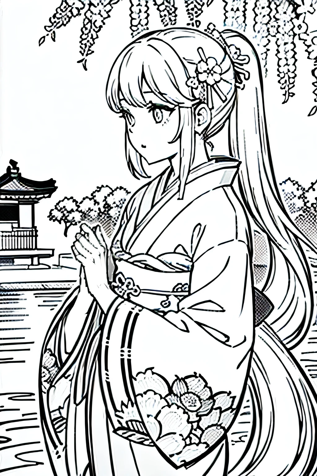 Obra maestra, superlativo,solamente, Dragon cute , flower line drawing background, fondo blanco, monocromo, line drawing, ((bosquejo)), spooky, white eyes, Please create a simple monochrome coloring book that even a  can do, depicting a realistic and cute ukiyo-e illustration of a girl in a kimono, in various poses, with a Japanese garden in the background, that conveys Japanese culture.Wisteria flower fairy, wisteria kimono, ponytail