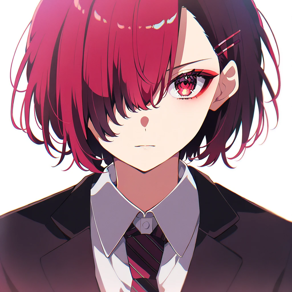 a close-up of a person in a suit and tie against the background of the sky, Mei Misaki, with bright red eyes, with a white patch over his left eye, anime look of a beautiful girl, anime”, dark yandere gapmoe, with bright red eyes, anime portrait of shiina ringo, portrait dark yandere gapmoe, anime style