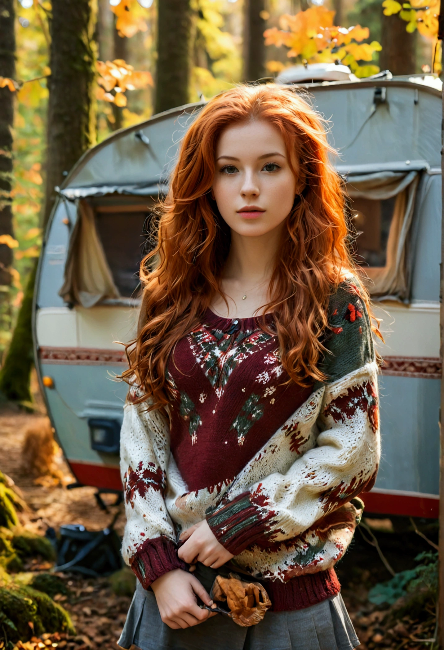 (full body shot:1.1) photorealistic image of a (standing pose:1.1) woman, ultra realistic, photography, long red hair, girl, 24 years old, hourglass figure, perfect body, Flirty look, natural medium breasts, blur background, posing with a belly-free sweater in front of a caravan parked in the woods, 