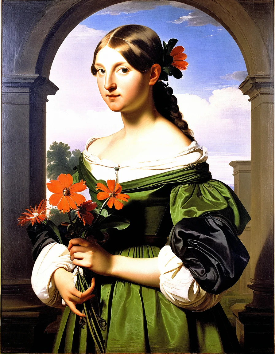 painting of a woman holding a flower in her left hand, inspired by Friedrich von Amerling, inspired by Christoffer Wilhelm Eckersberg, girl with a flower head, by Friedrich von Amerling, portrait of a girl, portrait of a young girl, young girl, a portrait of a girl, by Christoffer Wilhelm Eckersberg, ary scheffer, romanticism portrait