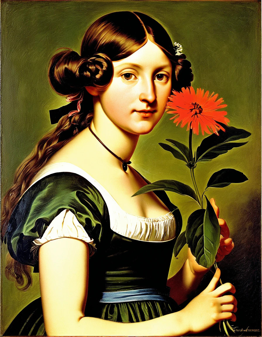 painting of a woman holding a flower in her left hand, inspired by Friedrich von Amerling, inspired by Christoffer Wilhelm Eckersberg, girl with a flower head, by Friedrich von Amerling, portrait of a girl, portrait of a young girl, young girl, a portrait of a girl, by Christoffer Wilhelm Eckersberg, ary scheffer, romanticism portrait