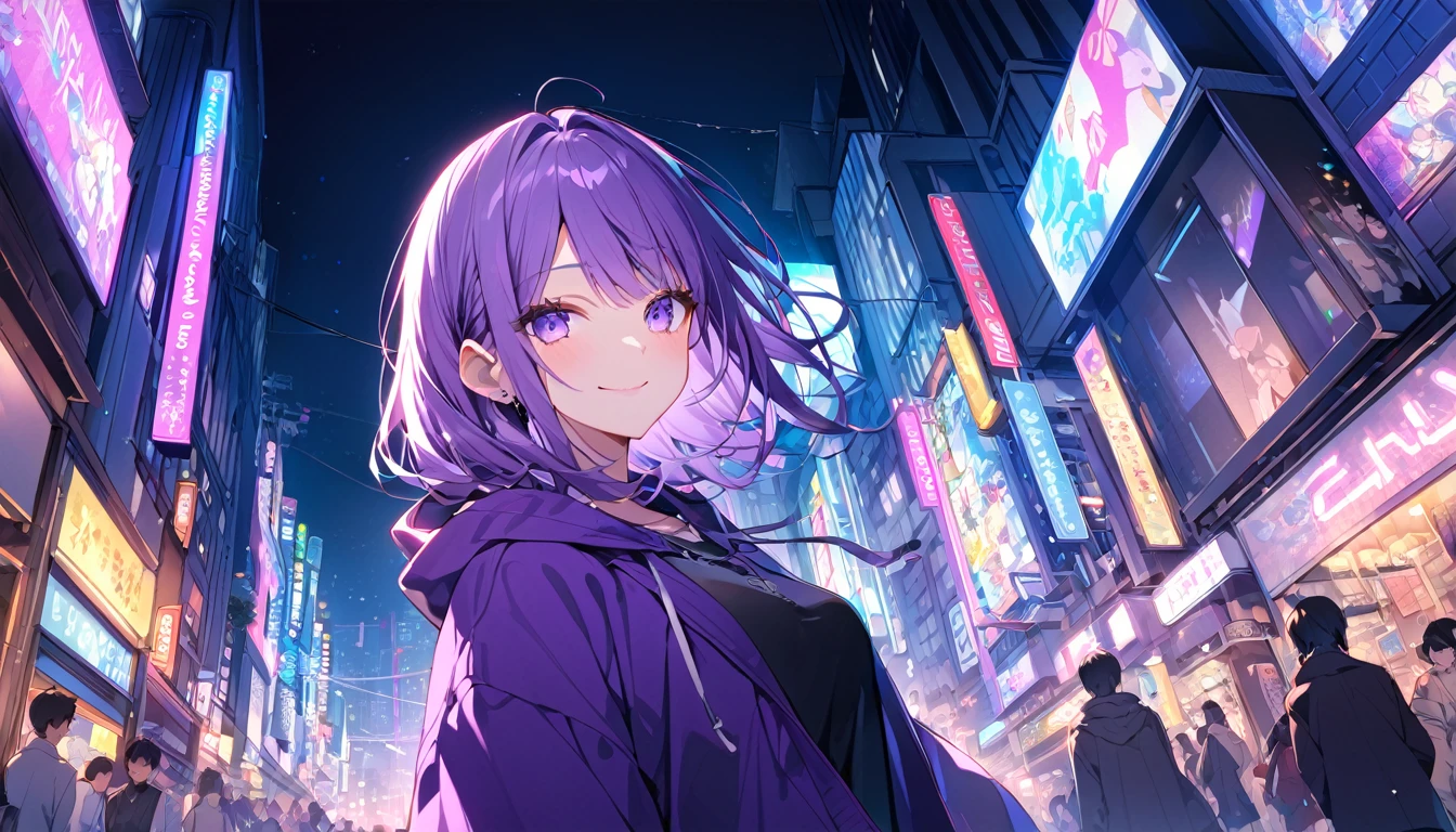 Highest quality,Purple haired woman1people,Smile,Purple hoodie,Black dress,Shibuya at night,neon