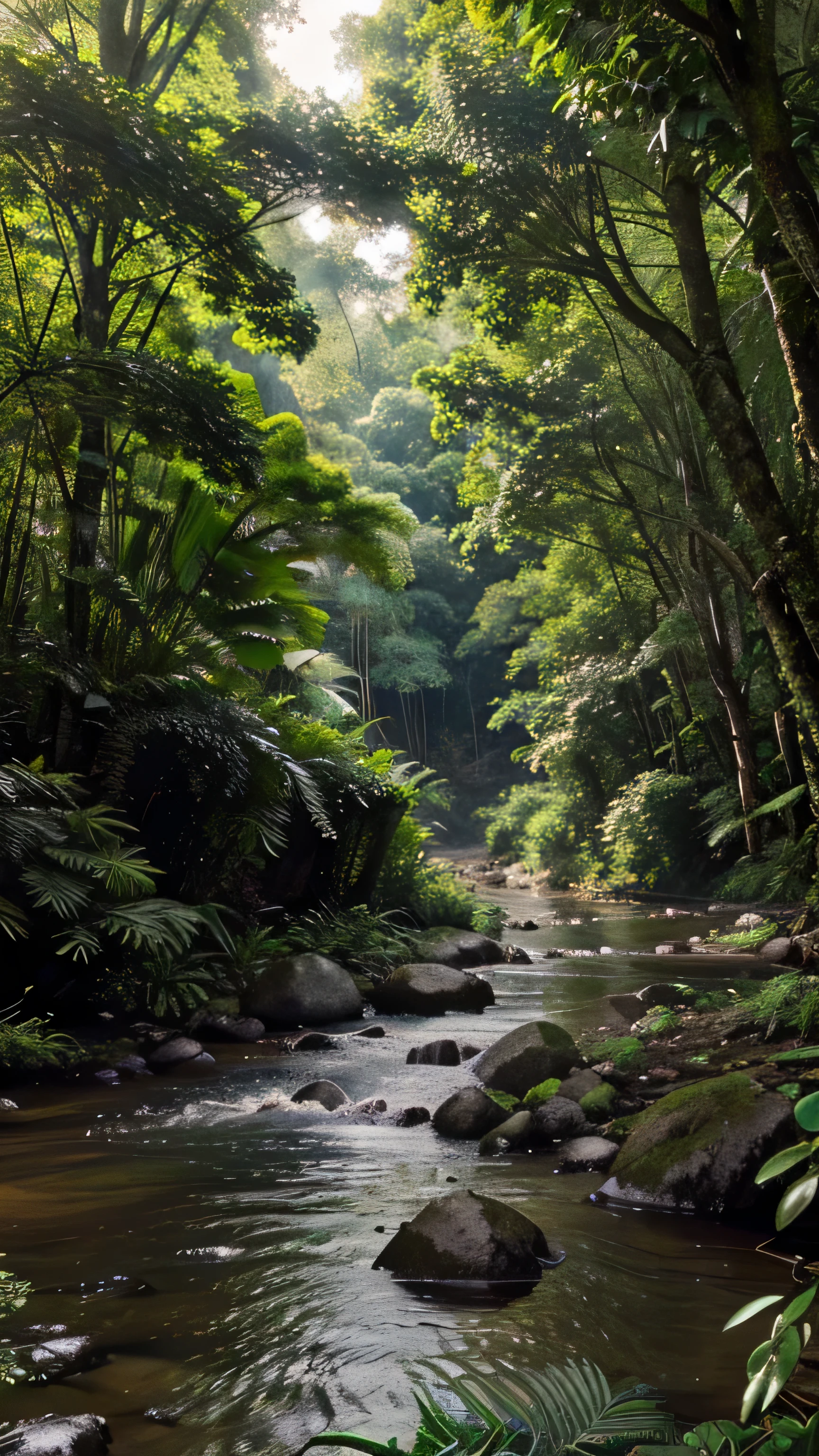 there is a rain forest and a river in the picture, a lots of trees and many plants next to the river, wide shot is taken, highly upvoted, very detailed, zoomed out, digitally enhanced, very stylized, portrait shot, very detailed background