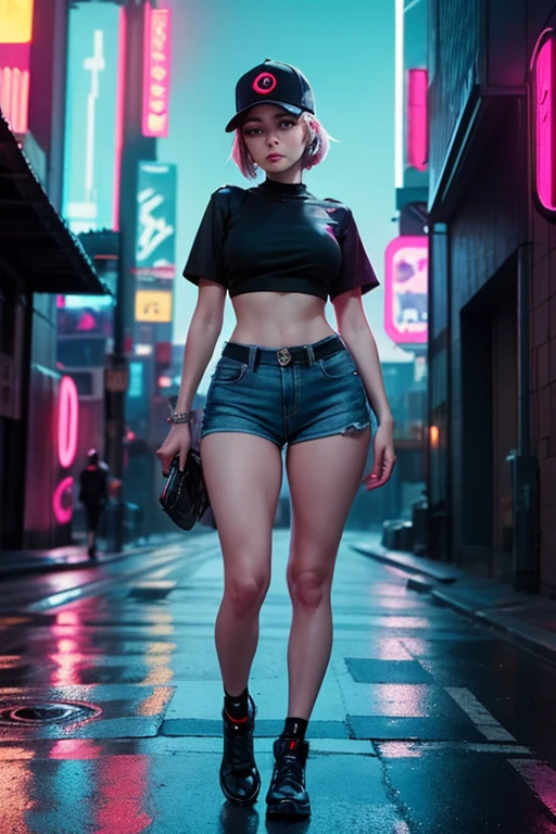 Araffe woman wearing baseball cap and shorts posing for a photo, cyberpunk art by Russell Dongjun Lu, trending on society, Street art, cyberpunk streetwear, 🌺 society, cyberpunk 2 0 years. o model girl, in the cyberpunk city, It has cyberpunk style, [ trending on society ]!!, cyberpunk beautiful girl, cyberpunk atmosphere, cyberpunk girl