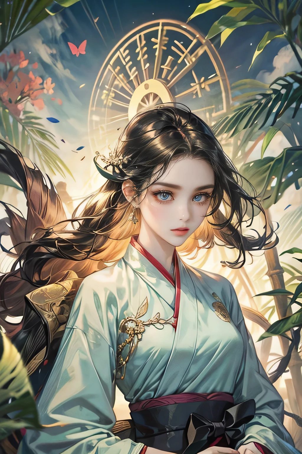 Front view and close-up image of an athereal woman, beautiful eyes, long lashes, long black hair, gorgeous colorful hanfu dress, floating in the air, jewelries, cloths and hair blowing by the wind, bamboo leaves, cloud, butterflies, solf light, colorful shade, natural background, hi-quality, masterpiece, very delails, highly details,