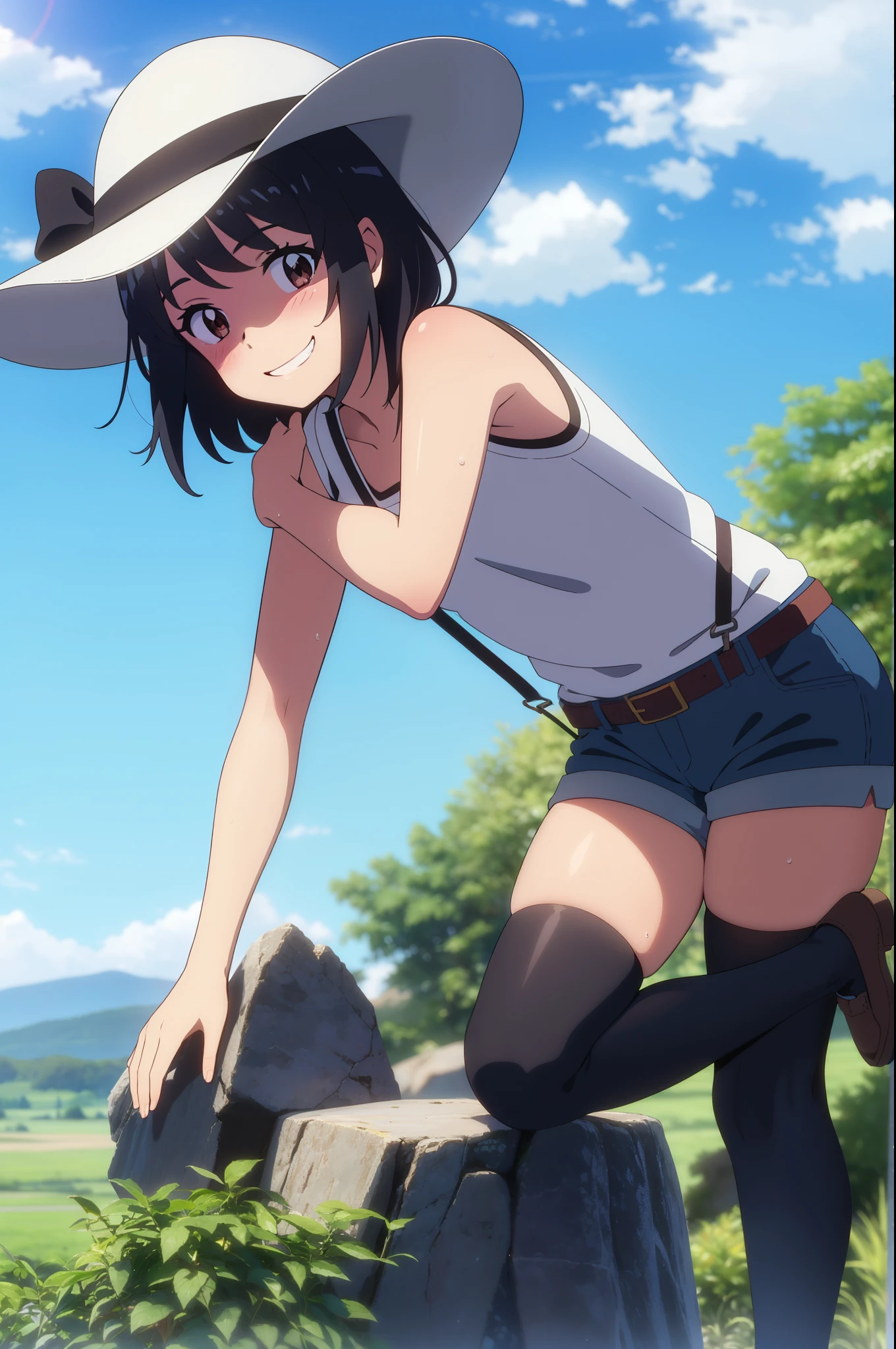 shinkai makoto, kimi no na wa., 1girl, bangs, black hair, blush, brown eyes, perfect face, looking at the viewer, bonnie hat, black suspenders, white t-shirt, bare shoulders, garterbelt, sight, blue shorts, belt, short hair, solo, shinny skin, smile, cute, grin, black thighhighs, cloudy, blue sky, mountains, rocks, sitting, sweat, full body, (masterpiece), best quality