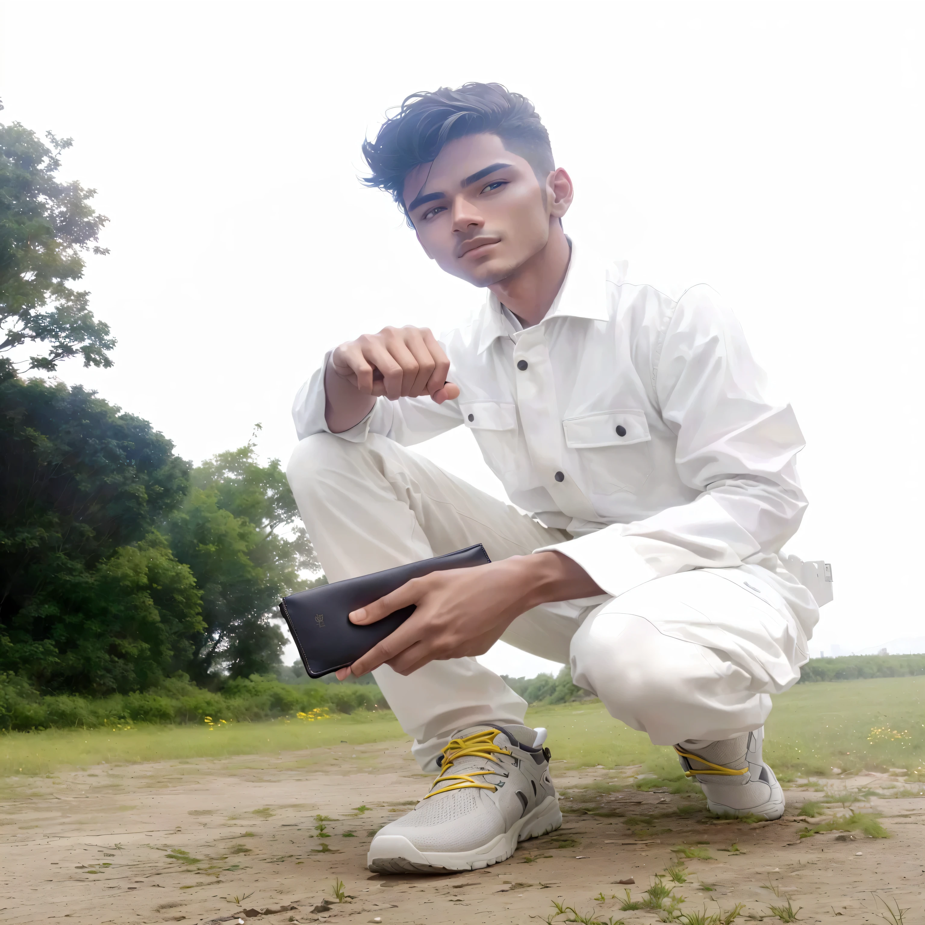 there is a man kneeling down with a wallet in his hand, with lovely look, stylish pose, very artistic pose, with a cool pose, without helmet, Futuristic background realistic face 8k ultra high quality hd