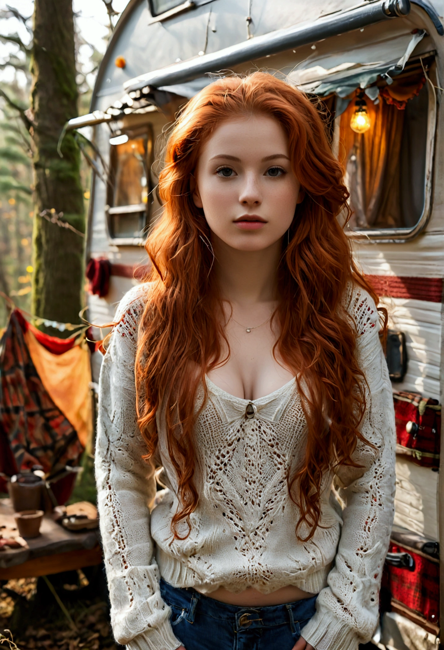 (full body shot:1.1) photorealistic image of a (standing pose:1.1) woman, ultra realistic, photography, long red hair, girl, 24 years old, hourglass figure, perfect body, Flirty look, natural medium breasts, blur background, posing with a belly-free sweater and tight pants in front of a caravan parked in the woods, 