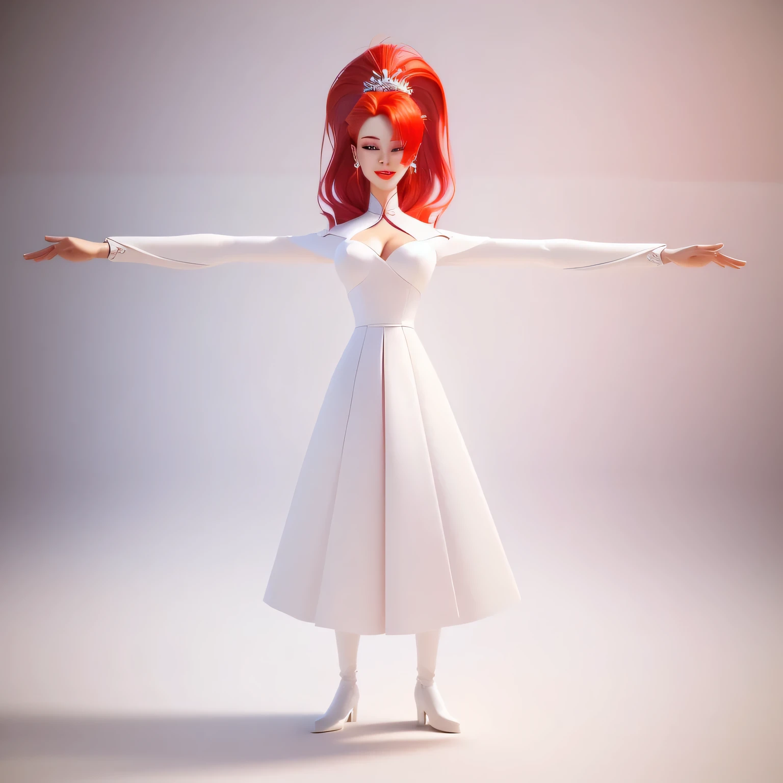 a close up of a woman with a red hair on,  dressing white,  fantasy character,  3d model, happy woman, princess woman,  3d female character model, asian woman made from 