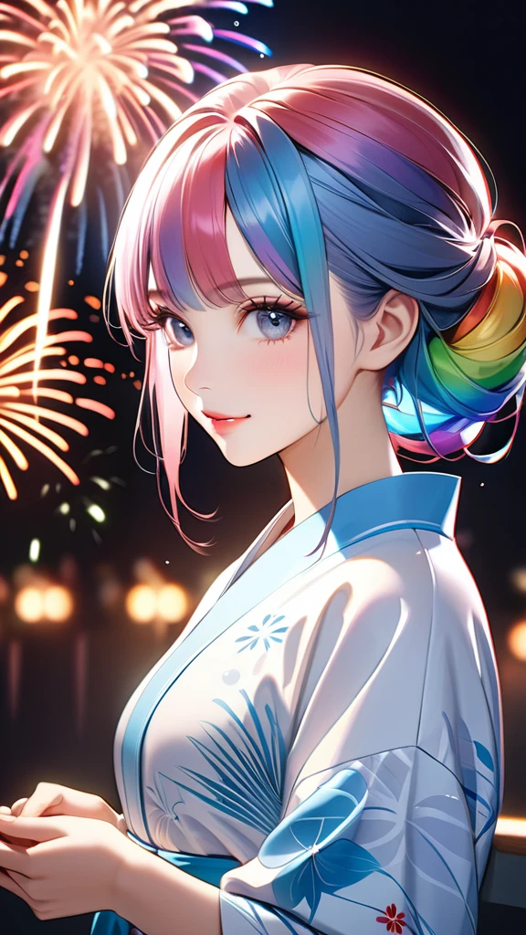 A beautiful and divine woman wearing a clean and refreshing white and blue yukata.々A beautiful woman.々Beautiful woman.々Beautiful Goddess, Rainbow Hair,Medium Long Hairstyles,Beautiful attention to detail, Beautiful lip detail, Highly detailed face, Long eyelashes, Friendly and polite expressions, red, Round crystals in both hands, The perfect uniform, High quality lighting, Realistic, 8k, Highest quality, masterpiece, Professional, Studio Lighting,The background is a fireworks display,Completely backwards